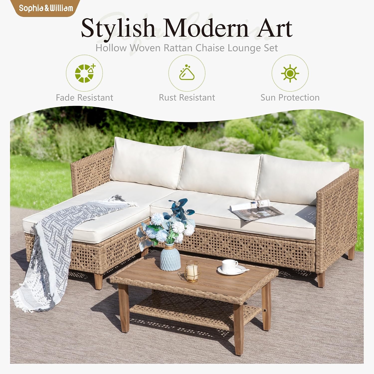 Sophia & William Boho Rattan Patio Sectional Set with Thick Cushions & Coffee Table – Balcony, Backyard & Poolside Outdoor Furniture (Beige)
