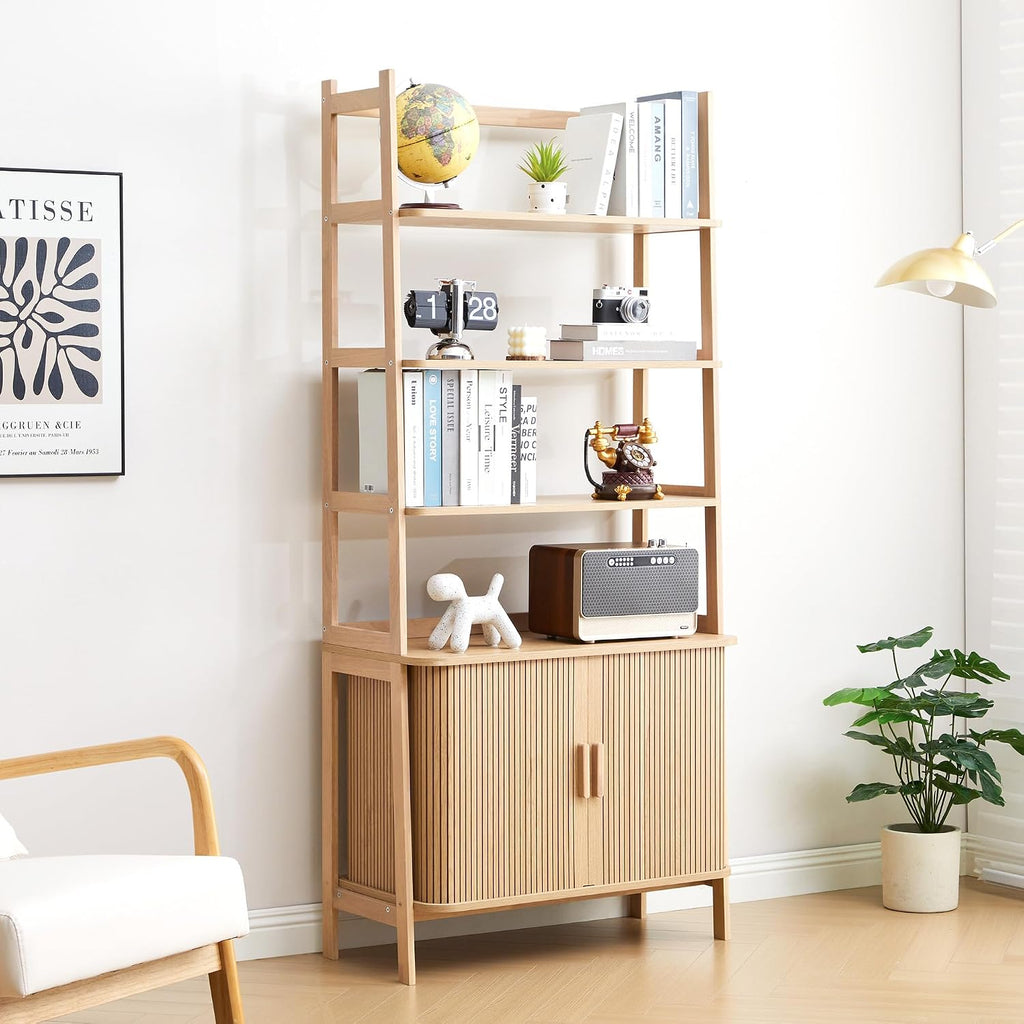 4-Tier Bookshelf, Tall Bookcase with Open Shelf and Sliding Door, 70' Freestanding Storage Organizer Display Cabinet for Living Room, Home Office (Natural)