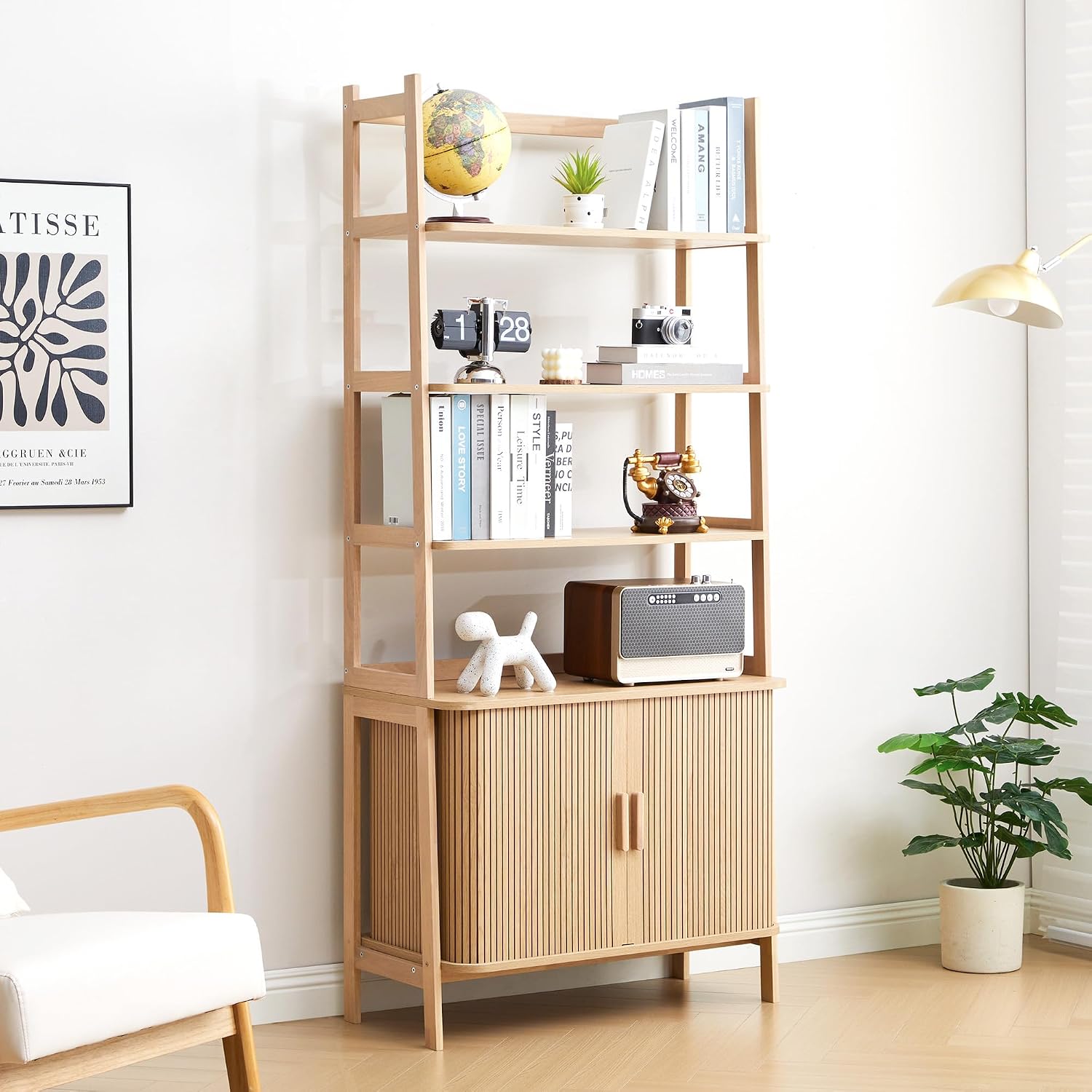 4-Tier Bookshelf, Tall Bookcase with Open Shelf and Sliding Door, 70' Freestanding Storage Organizer Display Cabinet for Living Room, Home Office (Natural)