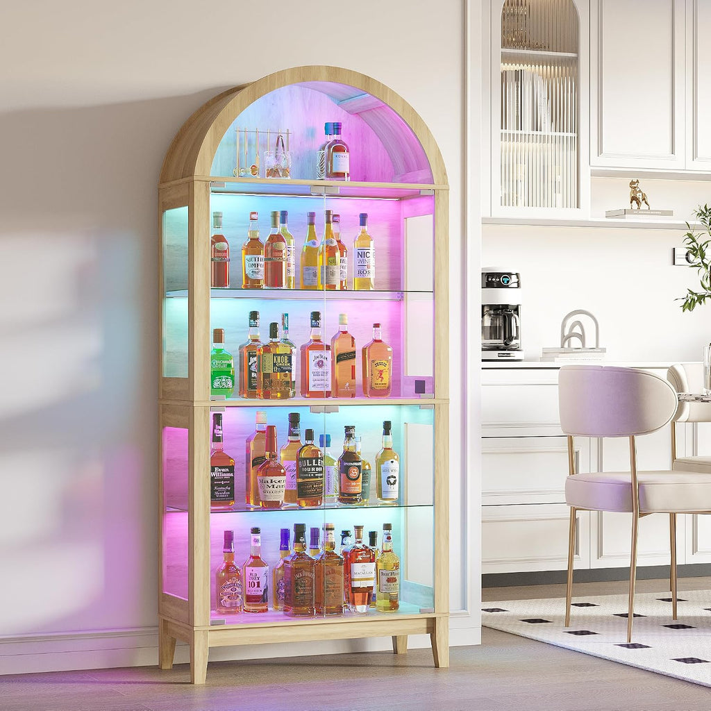 WOOVIVS Glass Display Cabinet with RGB Lights, 69' Tall Curio Cabinet with Rebound Tempered Glass Door, 5-Tier Adjustable Display Case for Living Room (Wood)