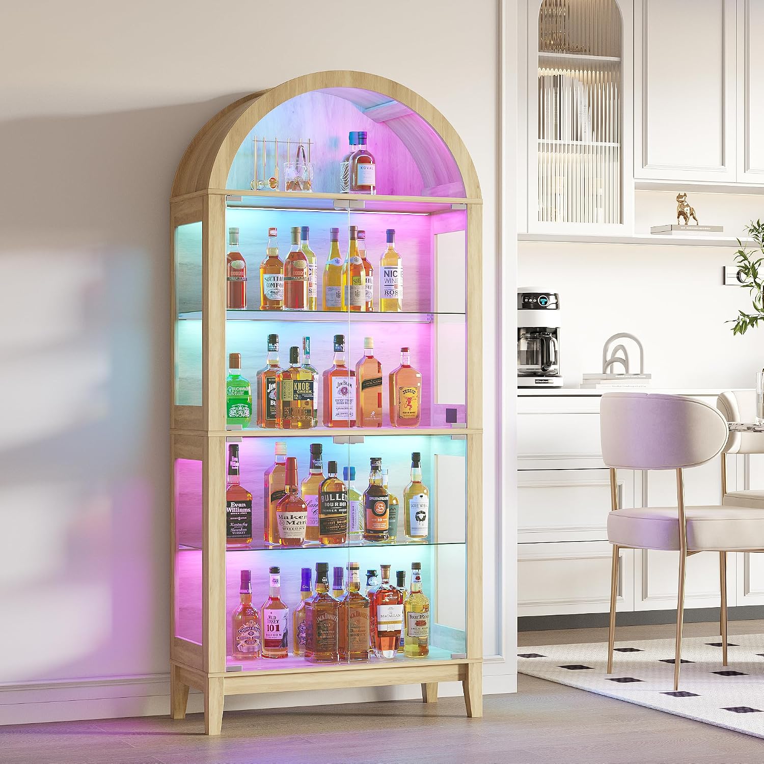 WOOVIVS Glass Display Cabinet with RGB Lights, 69' Tall Curio Cabinet with Rebound Tempered Glass Door, 5-Tier Adjustable Display Case for Living Room (Wood)