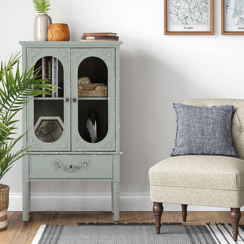 PHI VILLA Accent Cabinet with Glass Doors, Kitchen Storage Cabinet with Drawers, Display Cabinet for Living Room