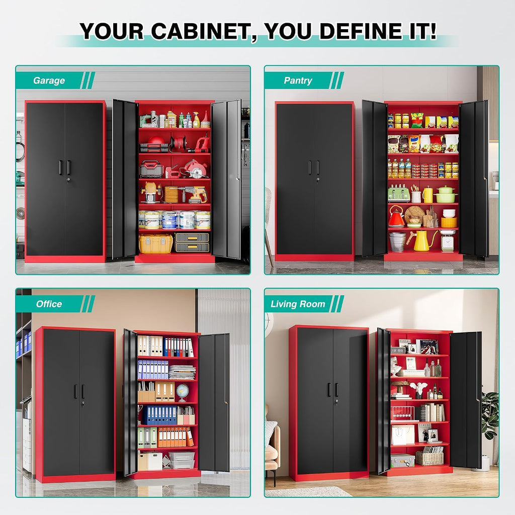 6 Tier Garage Storage Cabinet with 5 Adjustable Shelves,Metal Storage Cabinet with Lock,Red Black Metal Cabinet with Locking Doors,Steel Locker,71' Lockable Storage Cabinets for Home,Office,Garage
