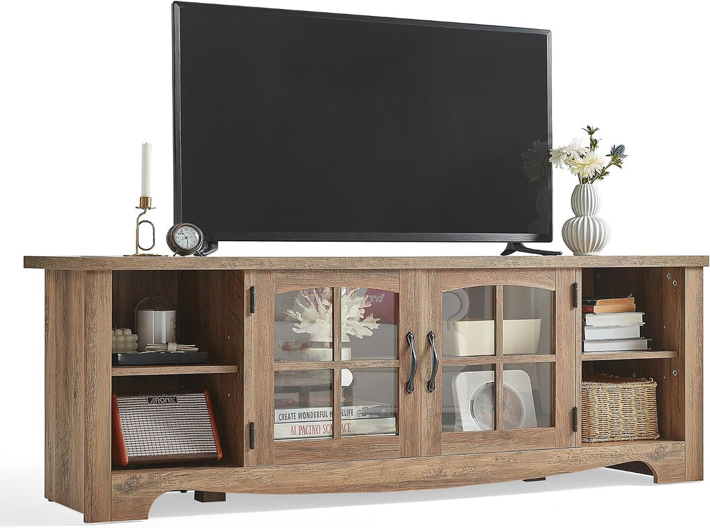 LINSY HOME TV Stand for 75 Inch TV, Modern Farmhouse Entertainment Center with Storage Cabinets and Glass Doors, Tall Media Console Table for Living Room, Bedroom, Large Long Television Stand, Brown