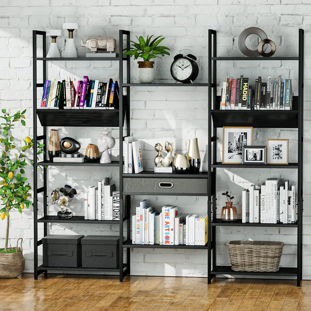 NUMENN Triple Wide 5 Tier Bookshelf, Adjustable Rustic Industrial Style Book Shelves, Modern Bookcases and Bookshelves Furniture for Bedroom, Living Room and Home Office, Elegant Black