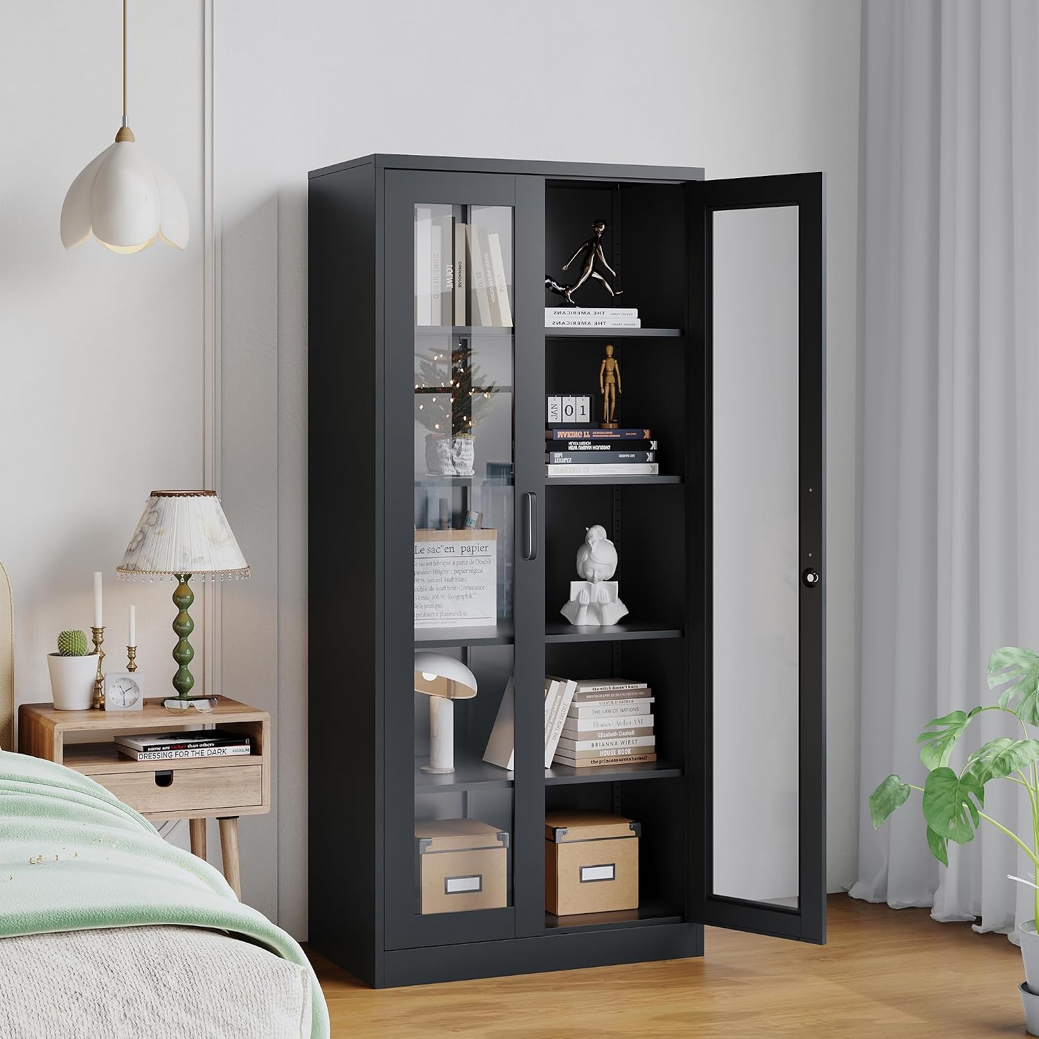 Glass Display Cabinet with 4 Adjustable Shelves, 71' Tall Curio Cabine with Tempered Glass Door, Liquor Cabinet with Lock, 5-Tier Bookcase Storage Cabinet for Home, Study, Living Room (Black)