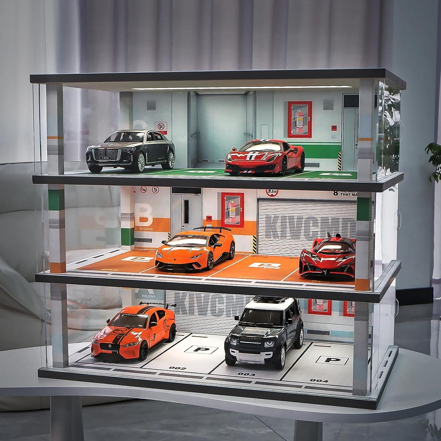 kivcmds Model Car Display Case 1:24 Scale Diecast Diorama Garage with Lights for Lego Alloy Car Collectibles Wood Storage Shelf,3 Tiers of 12 Parking Spaces