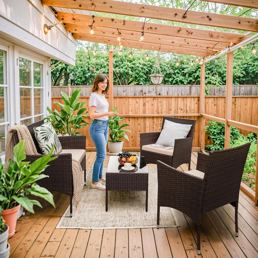 Homall 4 Pieces Outdoor Patio Furniture Sets Rattan Chair Wicker Set,Outdoor Indoor Use Backyard Porch Garden Poolside Balcony Furniture (Brown and Beige)