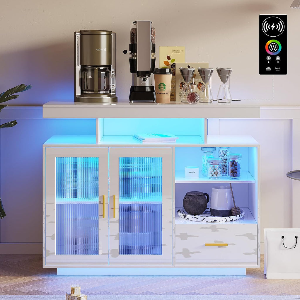 HNEBC LED Sideboard Buffet Cabinet with Charging Station, Smart Bar Cabinet with Auto RGB Lighted, High Gloss Coffee Bar with Drawer/Hutch for Living Room, Dining Room, Home Storager(White)