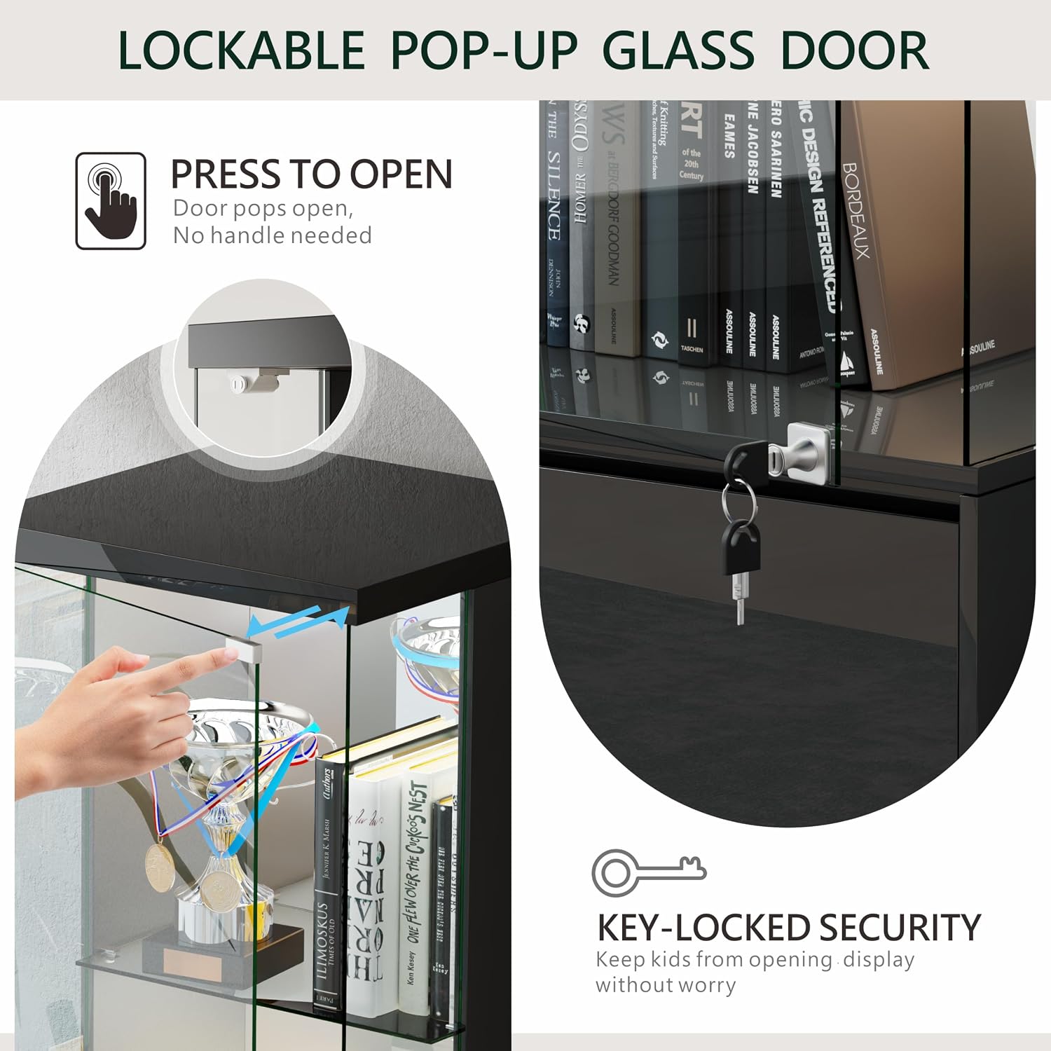 Lvifur Lockable Curio Display Cabinet with Glass Door,65' Lighted Curio Cabinet with 3 Color Lights for Collectibles,3-Tier Glass Display Case with Human Body Sensor for Living Room,Black