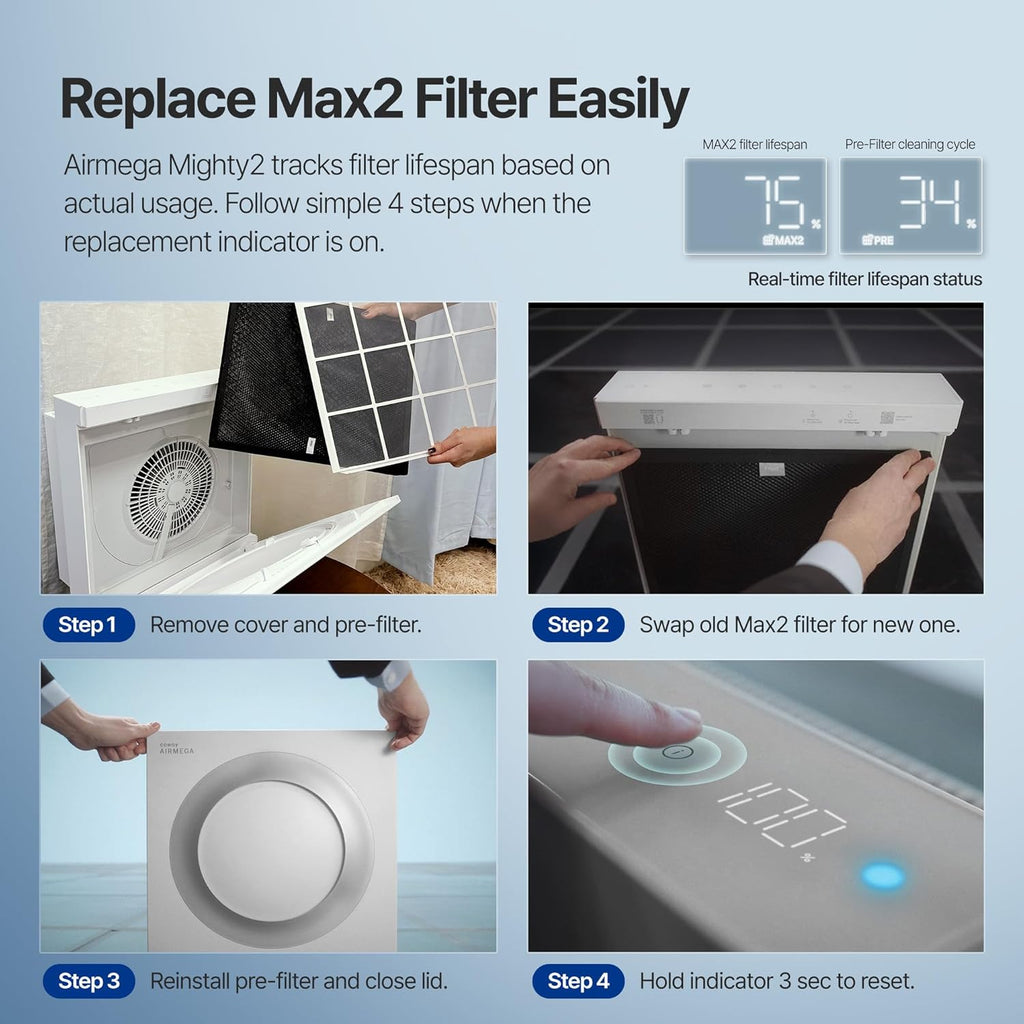 COWAY Airmega Mighty2 Air Purifier, Next Gen of AP-1512HH, for Large Room & Home Cleans up to 1,800 ft², IEST certified HEPA and Active Carbon for Allergies, Smoke, Dust, Pets & Mold, AP-1512N(W)