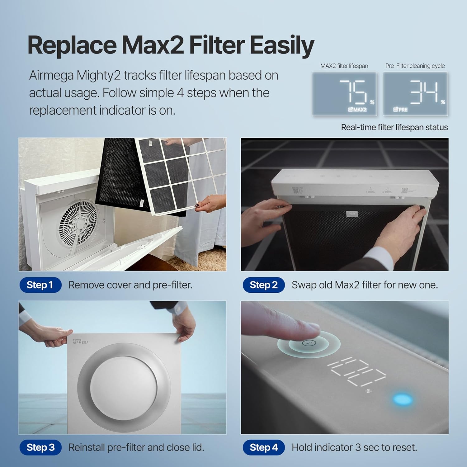 COWAY Airmega Mighty2 Air Purifier, Next Gen of AP-1512HH, for Large Room & Home Cleans up to 1,800 ft², IEST certified HEPA and Active Carbon for Allergies, Smoke, Dust, Pets & Mold, AP-1512N(W)
