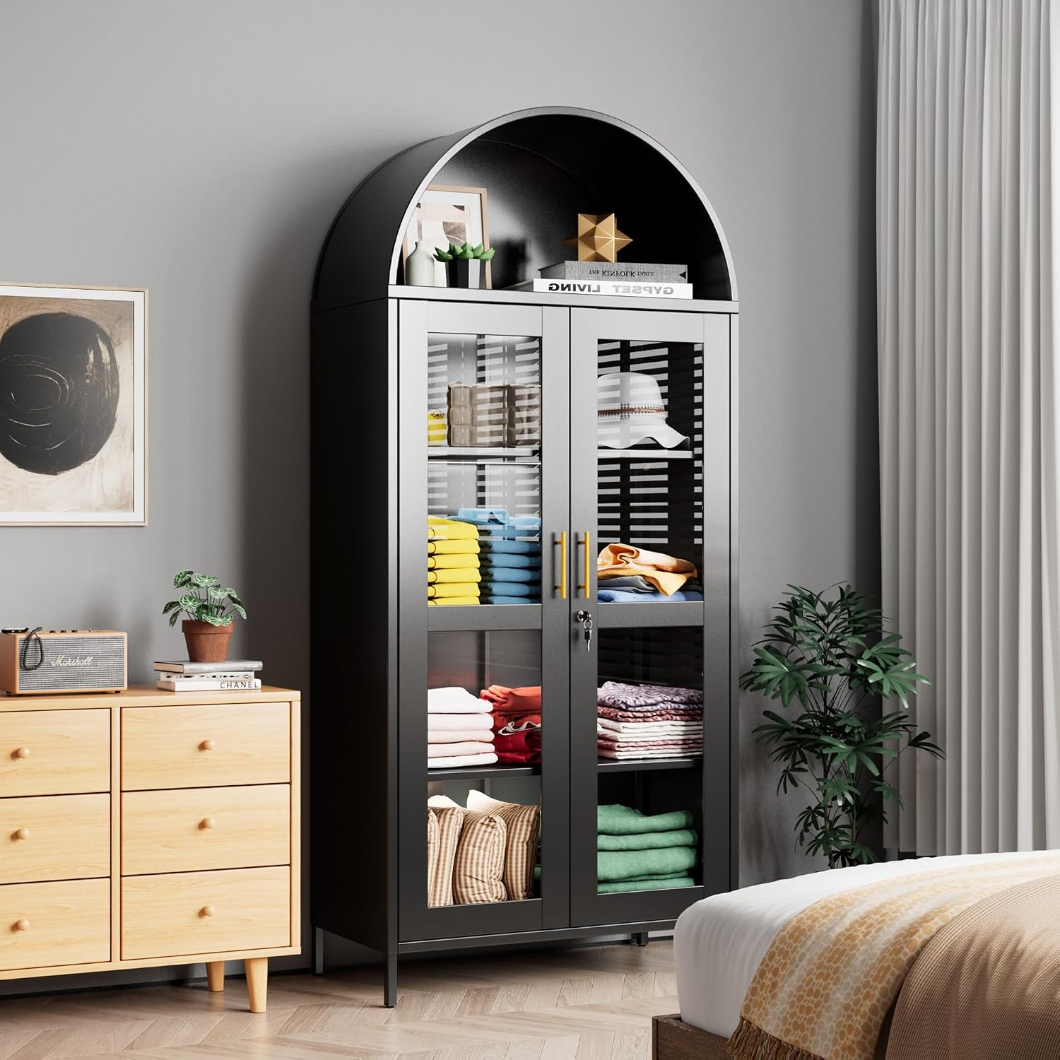 78.74' H Metal Arched Cabinet with Lock and LED Light, Metal Curio & Liquor Display Cabinet with Glass Doors and Adjustable Shelves for Dining Room, Home, Assembly Required,Black