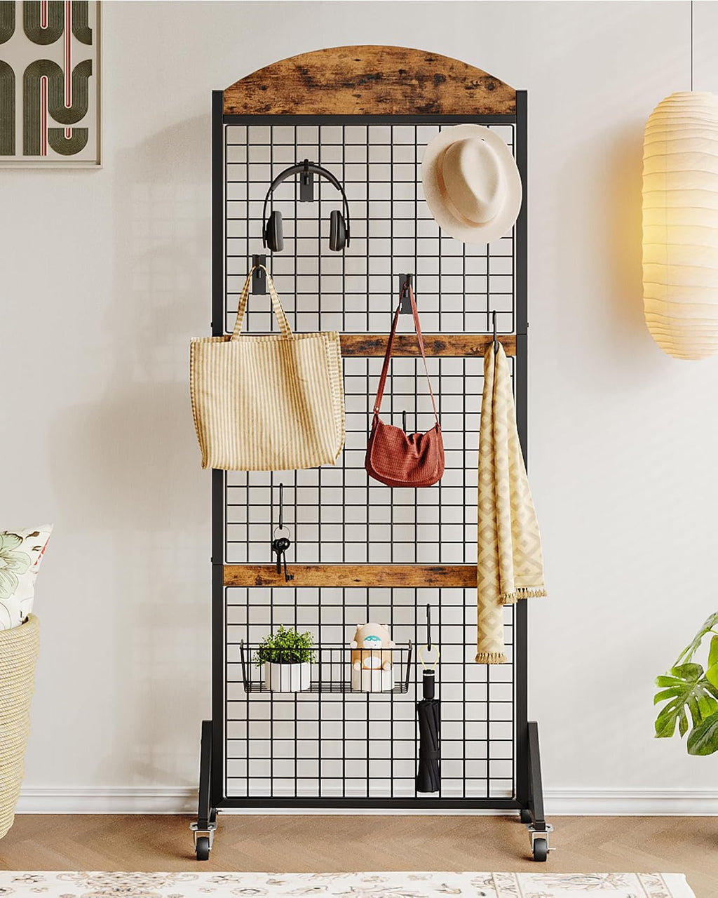 CHOEZON Grid Wall Panel 5.7' x 2' FT Grid Display Rack, 2 Pack Movable Gridwall Display Stand with 8 S-Shaped Hooks and 8 Garment Hooks, Floorstanding Wire Grid Rack, Rustic Brown and Black TCJ17P2BF