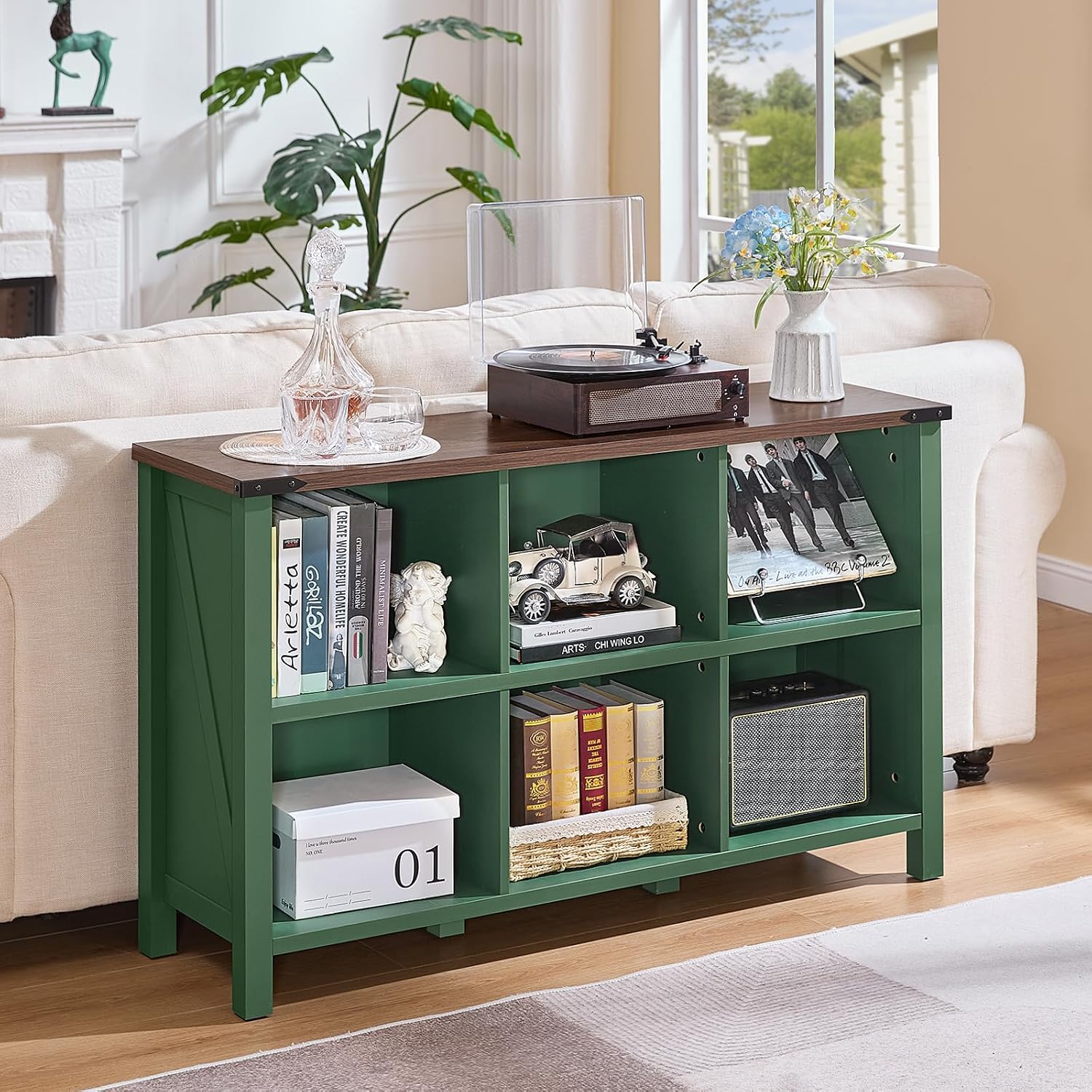 Joaxswe 6 Cube Storage Organizer, Farmhouse Green 47 Inch Wide Horizontal Bookshelf, Wooden 2 Tier Display Book Shelf, Rustic Low Book Case for Living Room (Green, 6 Cube (13.6'D x 47.24'W x 29.7'H))