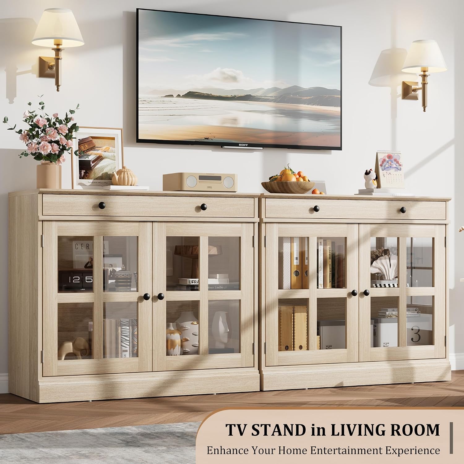 GarveeHome 35.4 in Sideboard Buffet Cabinets with Glass Door, Buffet Cabinet with Storage, Oak Sideboard Cabinet with Drawer, Modern Buffets & Sideboards for Dining Room, Kitchen
