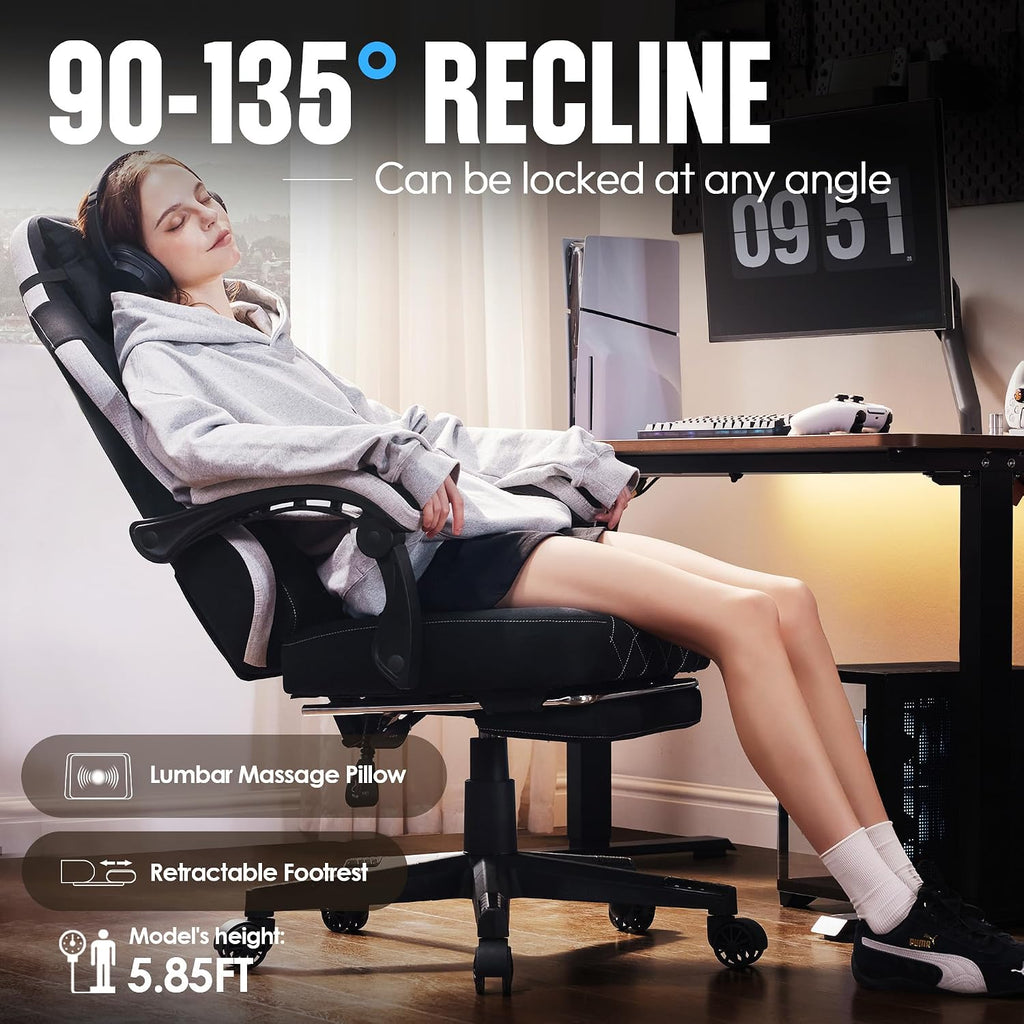Dowinx Fabric Gaming Chair, Ergonomic Computer Chair with Footrest and Pocket Spring Cushion, Height Adjustable Video Gamer Chair with Lumbar Support for Adults, Black