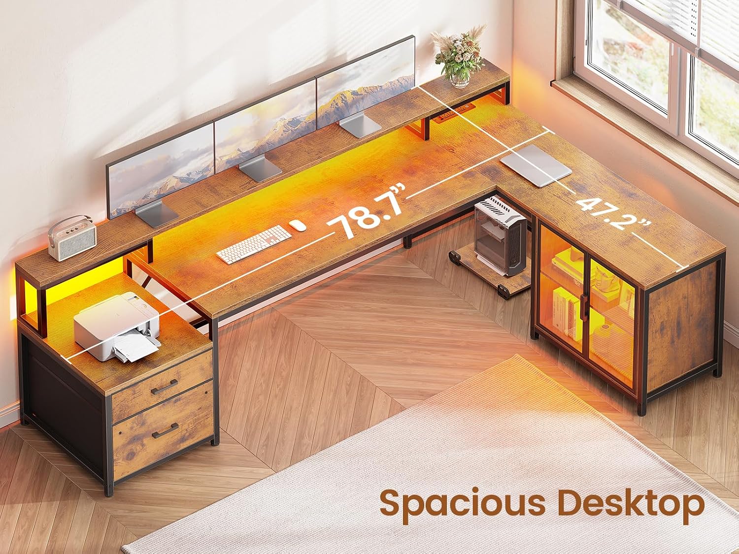 SEDETA 78.7' Large L Shaped Desk with Storage Drawers, Office Desk with File Drawer and Display Cabinet, L Shaped Gaming Desk with Storage, Power Outlet and LED Lights for Home Office, Rustic Brown