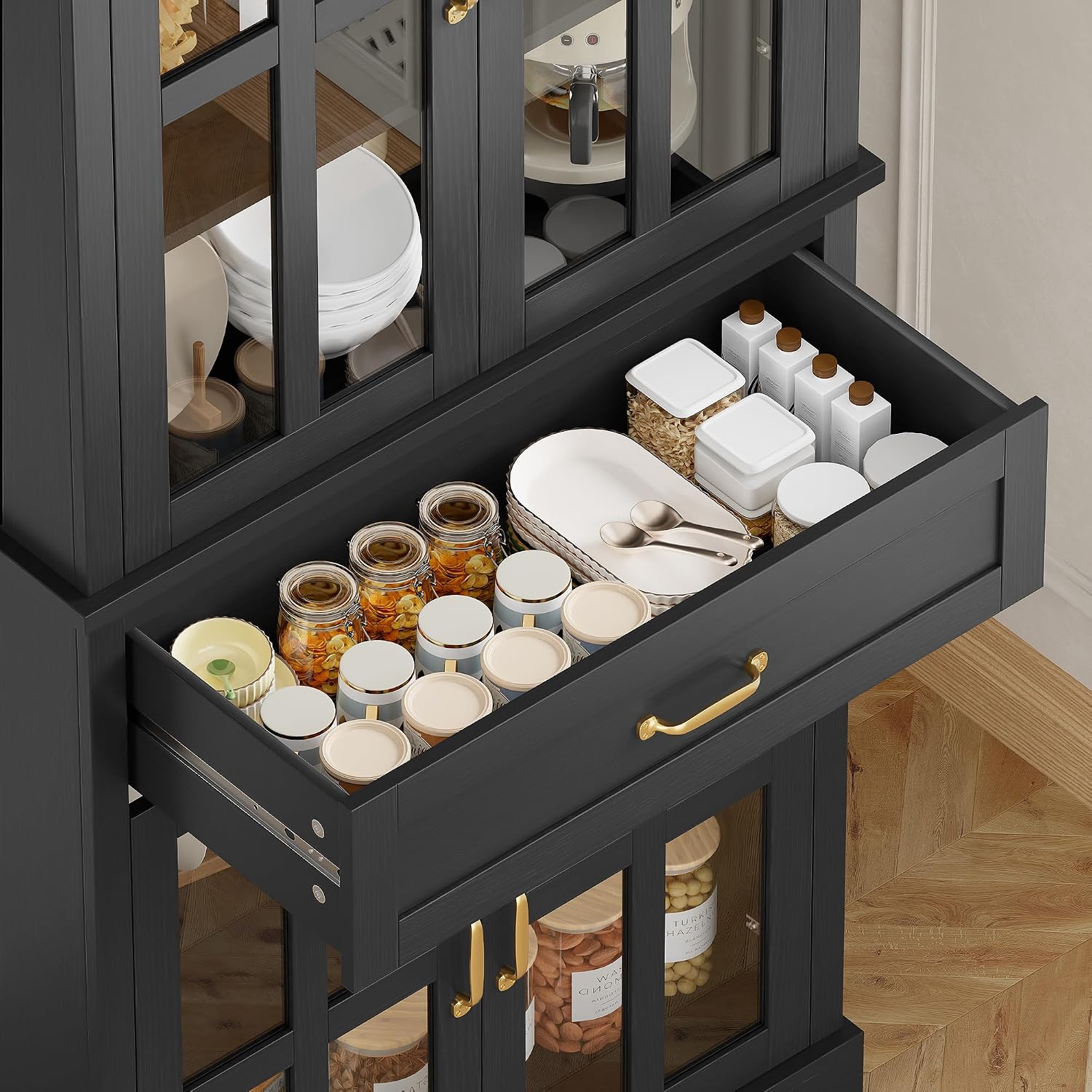 FOTOSOK 71'' Tall Kitchen Cabinet with Glass Doors and Drawer, Freestanding Food Pantry with Adjustable Shelves for Dining Living Room, Black