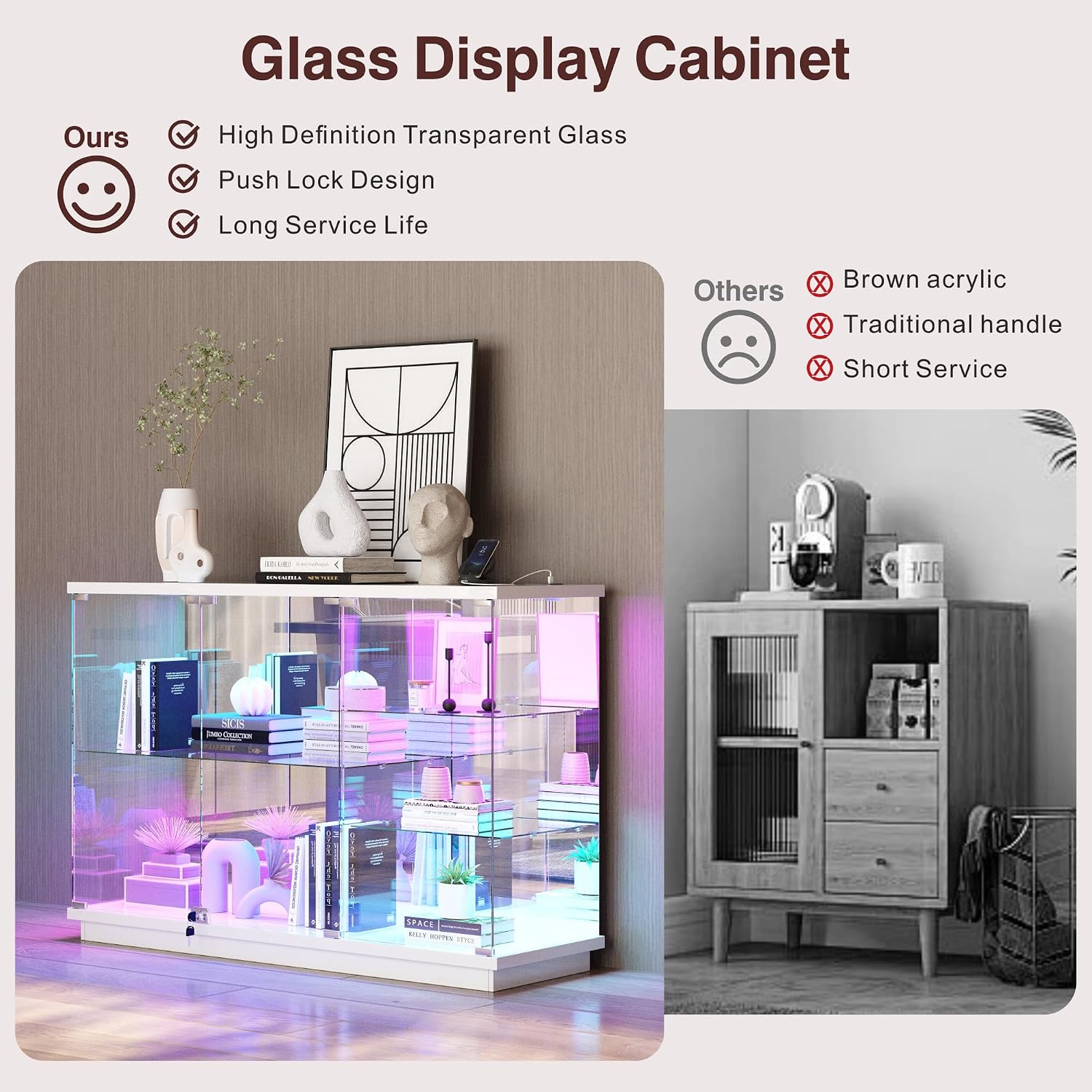 Lvifur RGB High Gloss Display Cabinet - with Lock, Curio Cabinet with Human Body Sensor & Glass Shelves for Toys, Books, Collectibles, Liquor, Bookcase for Living Room, Kitchen, Study, White