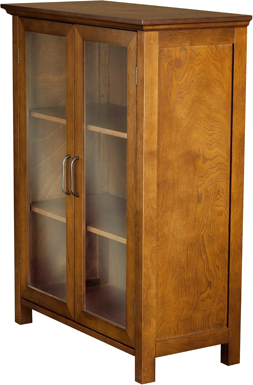 Teamson Home Avery Wooden Freestanding Floor Cabinet with 2 Adjustable Shelves 3 Storage Spaces 2 Glass Paneled Doors and 2 Antique Brass Knobs, Oiled Oak