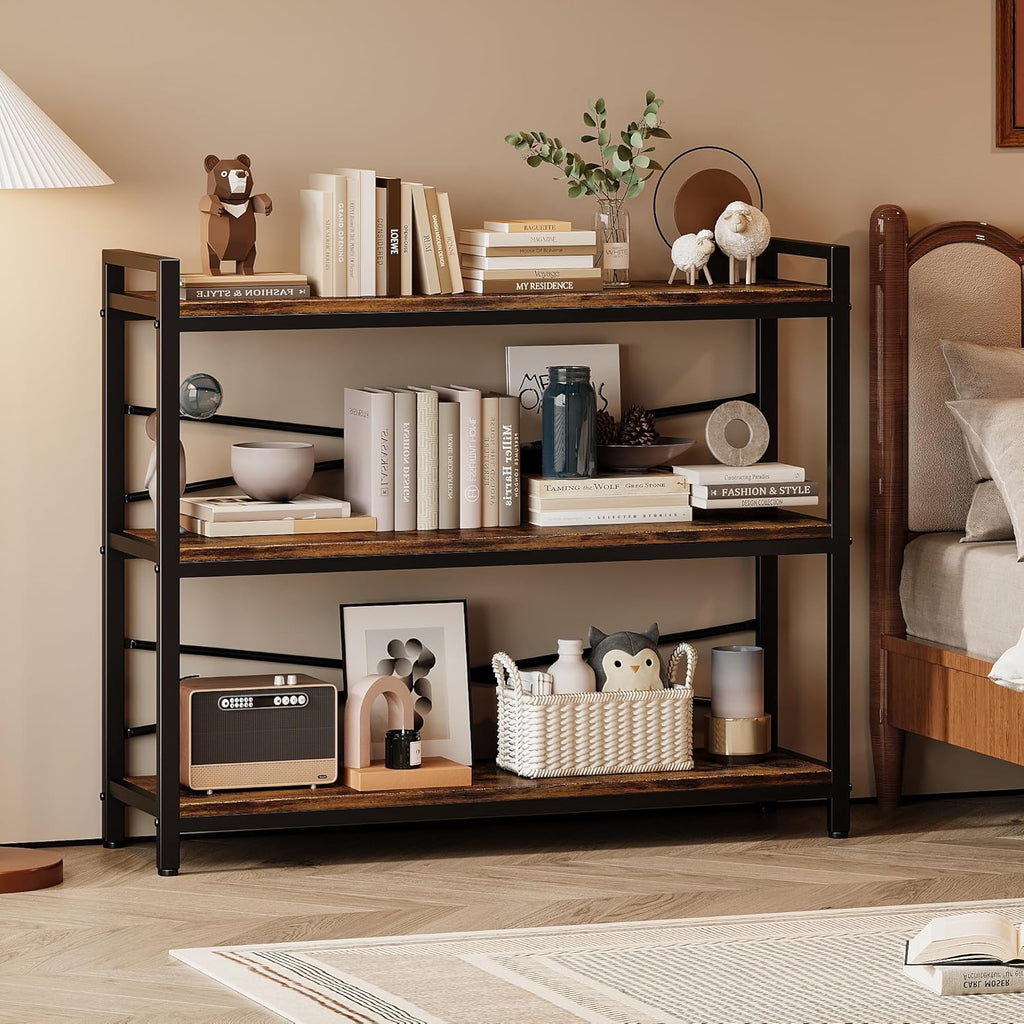 3 Tier Bookshelf 39.37' Width, Long Industrial Bookcase, Vintage Farmhouse Modern Wooden Big Book Shelf for Home Living Room Bedroom Office Storage(Rustic Brown)