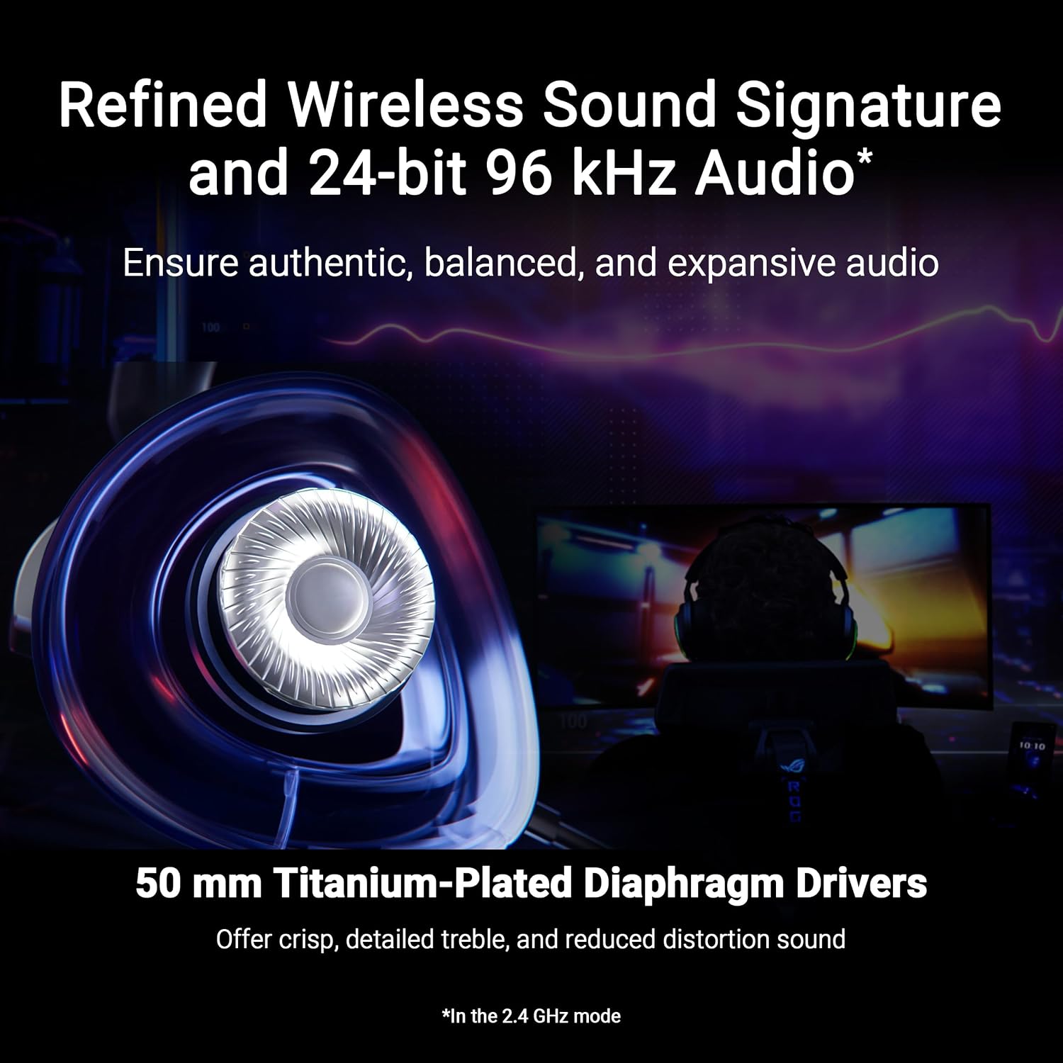ASUS ROG Delta II Wireless Gaming Headset with Detachable Mic – Tri-Mode (BT, 2.4GHz, 3.5mm), 50mm Titanium-Plated Drivers, 110Hr Battery, Lightweight, for PC, PS5, PS4, Xbox, Switch, Mobile - Black