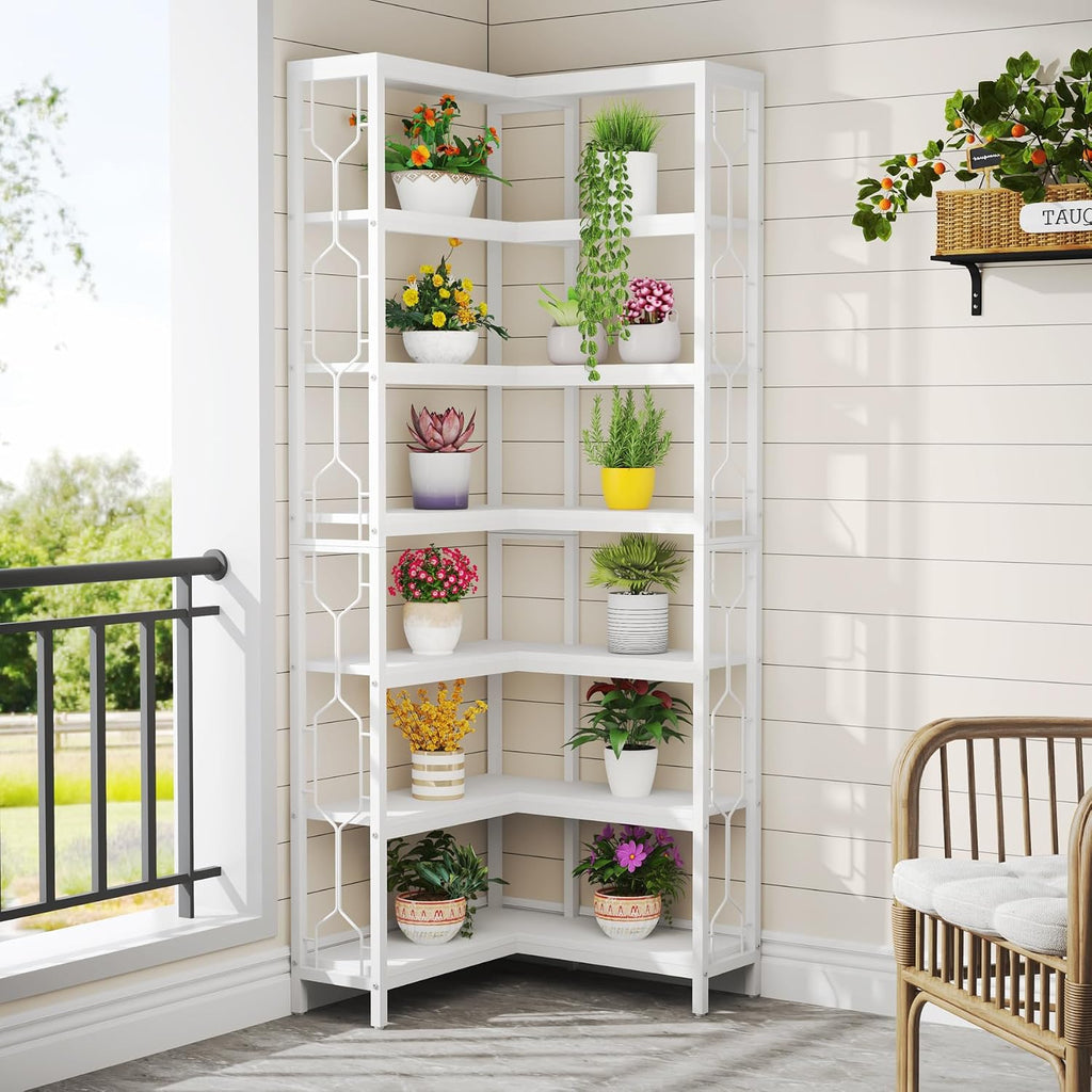 Tribesigns Corner Shelf, 7-Tier Industrial Corner Bookshelf, Wood and Metal Corner Etagere Bookcase, Freestanding Display Shelf for Living Room, Kitchen, Home Office, White