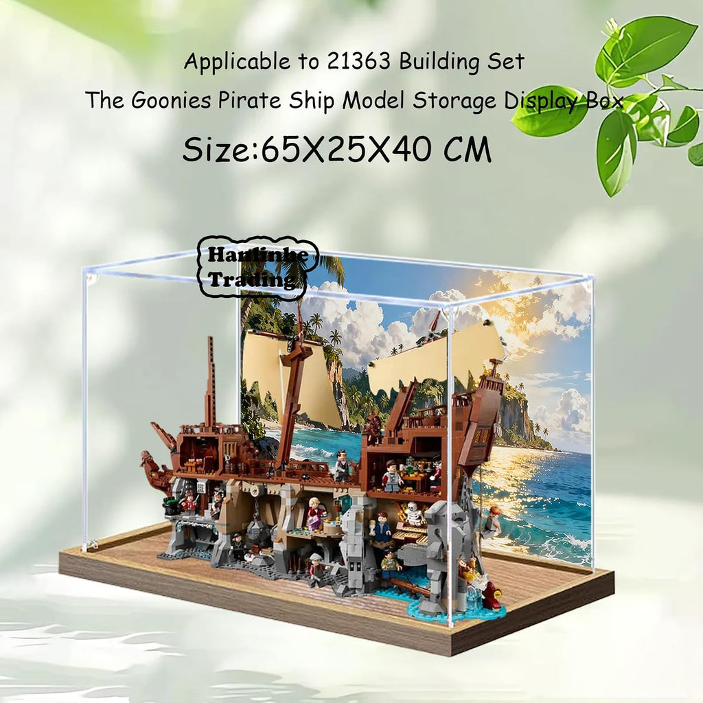 Acrylic Display Case for Lego 21363 The Goonies Pirate Ship Building Set– Dustproof Display Box, Display Box Compatible with Lego 21363-Only Display case (Back Spray Wooden Base 1)