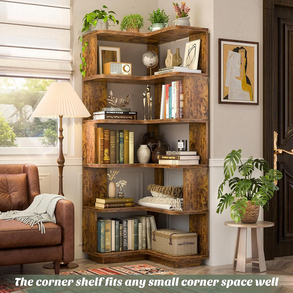 Armocity Corner Book Shelf - 6 Tier Corner Bookshelf Etagere Bookcase with Baffle, Freestanding L Shaped Display Shelf Stand for Home Office, Living Room, Bedroom, Kitchen, Rustic Brown