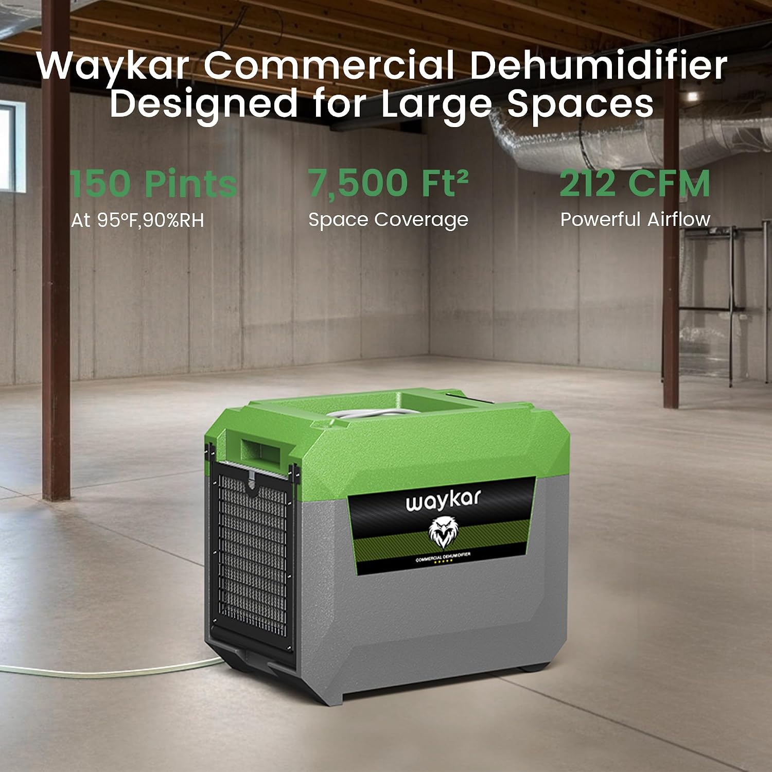 Waykar 150 Pints Commercial Dehumidifier with Pump for Large Areas up to 7,500 Sq. Ft, Stackable Industrial Dehumidifier for Crawl Spaces, Basements, and Water Damage Restoration — 5 Year Coverage
