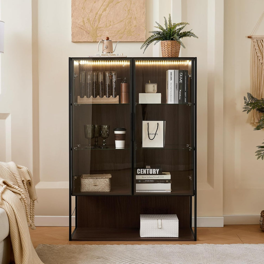 Merax Modern 4 Tier Bookshelf Black Bookcase with Glass Doors & 2 Drawers, 51.2' Tall Wood Display Cabinet with Adjustable Shelves for Living Room, Bedroom, Office Black+Walnut