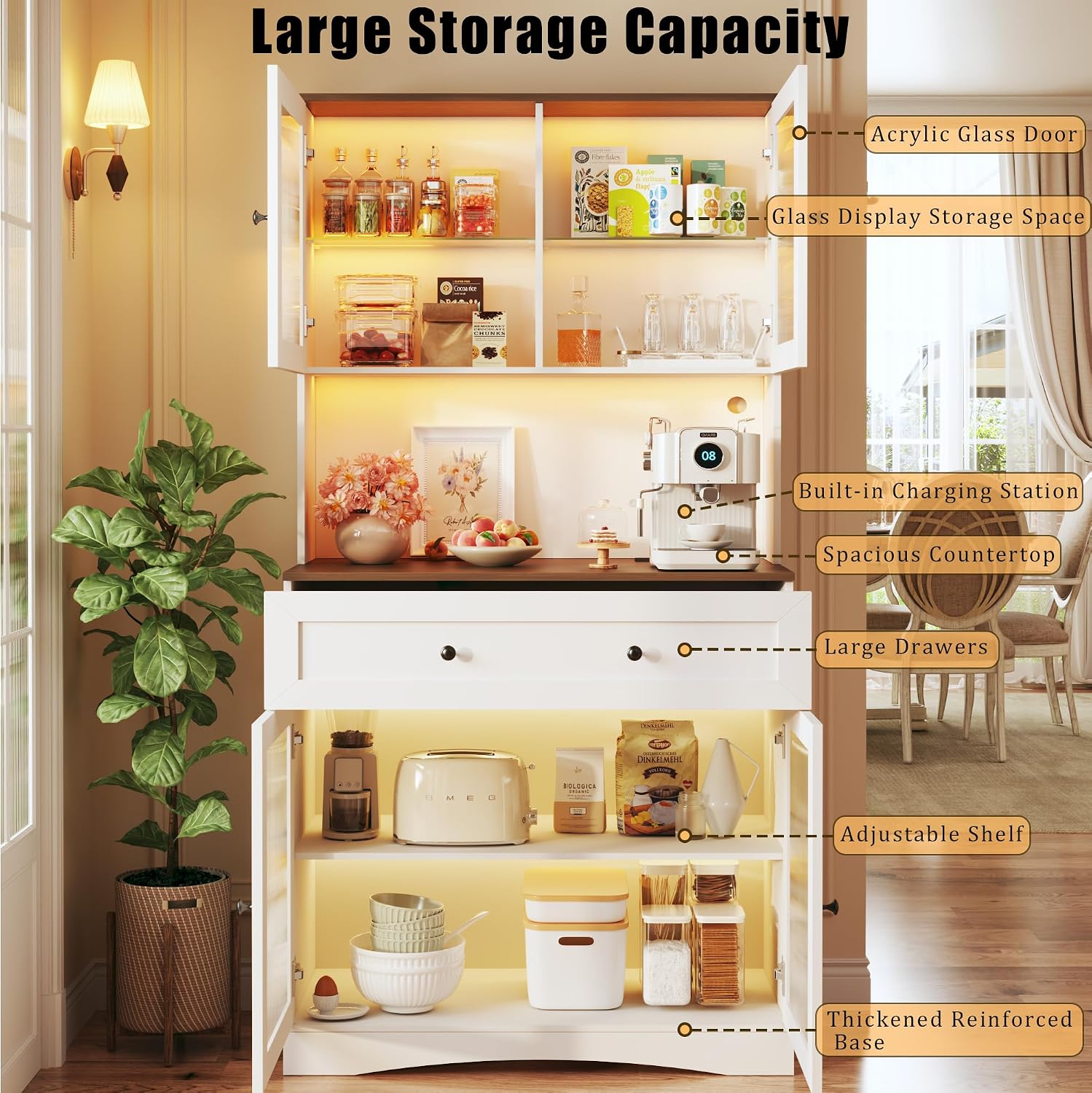 HUAHUU 71' Pantry Cabinet with LED Lights and Charging Station, Kitchen Pantry Storage Cabinet with Large Drawer, 4 Doors and 3 Adjustable Shelves, Kitchen Cabinets with Countertop, Light White