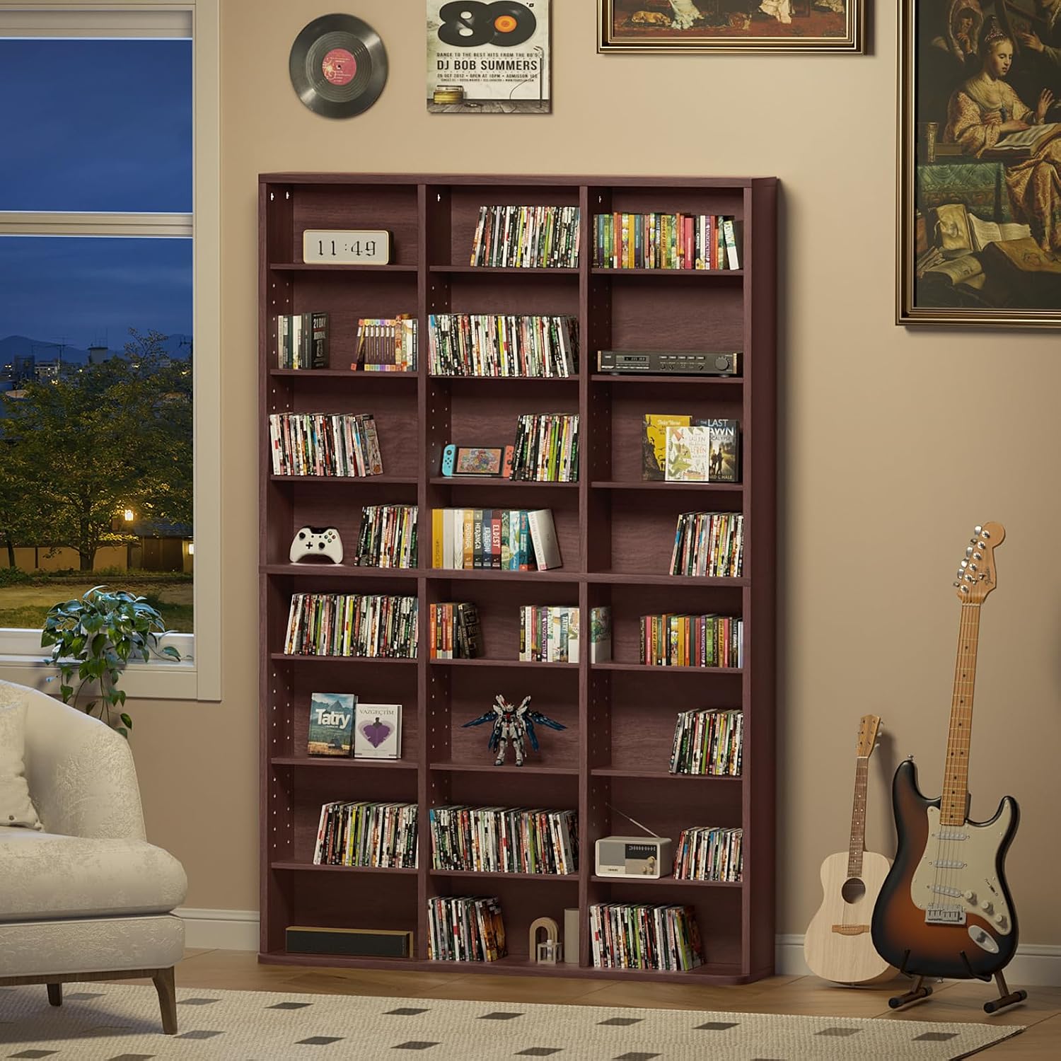 LELELINKY 8 Tier Tall Display Cabinet, Walnut Media Storage Cabinet with Adjustable Shelves, Free Standing DVD Organizer Shelf, Floor Multimedia Storage Manga Bookshelf for Living Room & Home Office.