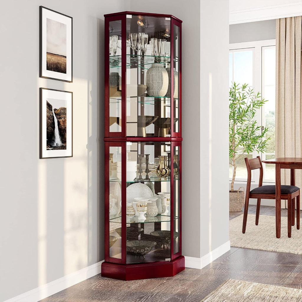 BELLEZE Lighted Corner Display Curio Cabinet Wooden Curved Shelving Unit with Tempered Glass Door, Bar and Liquor Storage Area with 6 Shelves - Ashfield (Cherry)