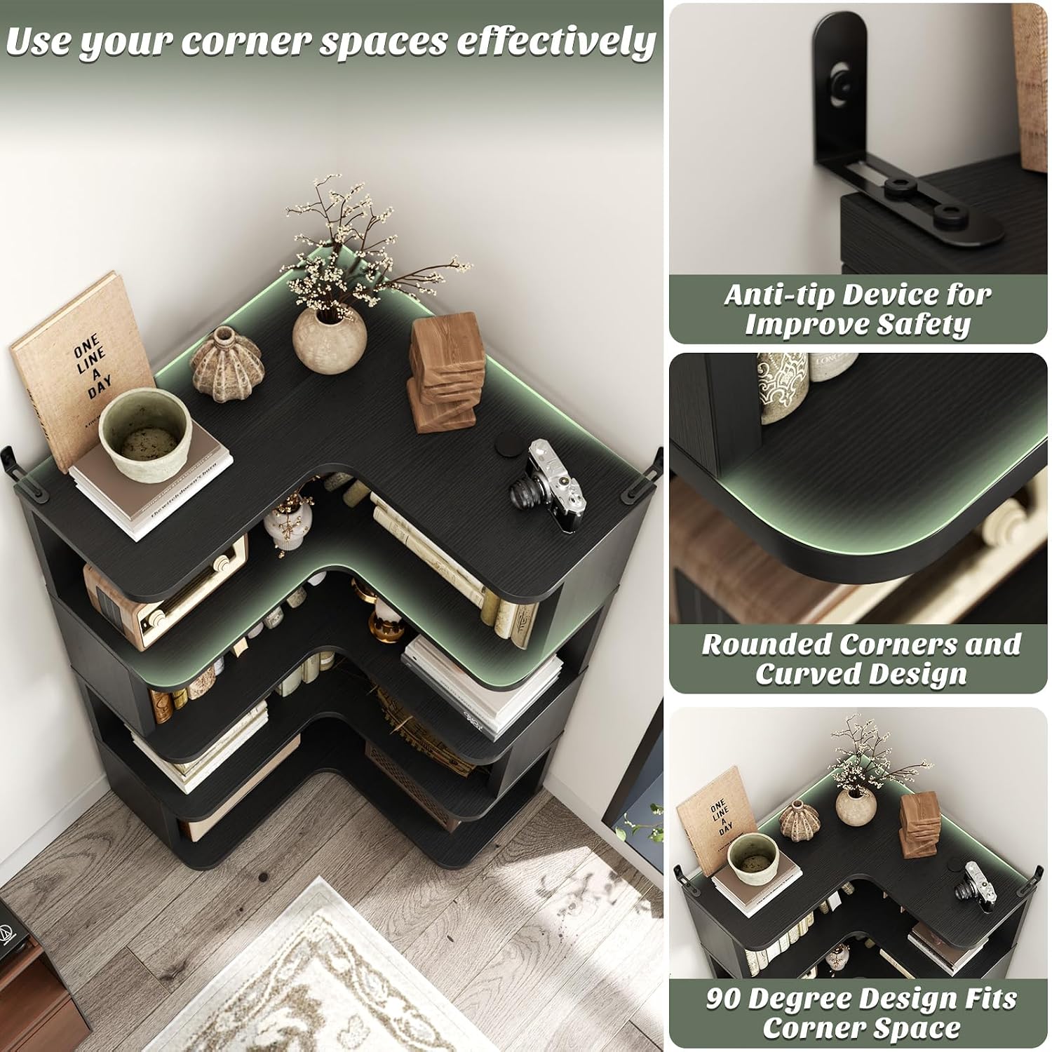 Armocity Corner Book Shelf - 5 Tier Corner Bookshelf Etagere Bookcase with Baffle, Freestanding L Shaped Display Shelf Stand for Home Office, Living Room, Bedroom, Kitchen, Black