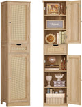 TEENFON 67' H Tall Storage Cabinet with 2 Rattan Doors and 1 Drawer, Narrow Rattan Cabinet with Adjustable Shelves, for Living Room, Entryway, Kitchen, Natural