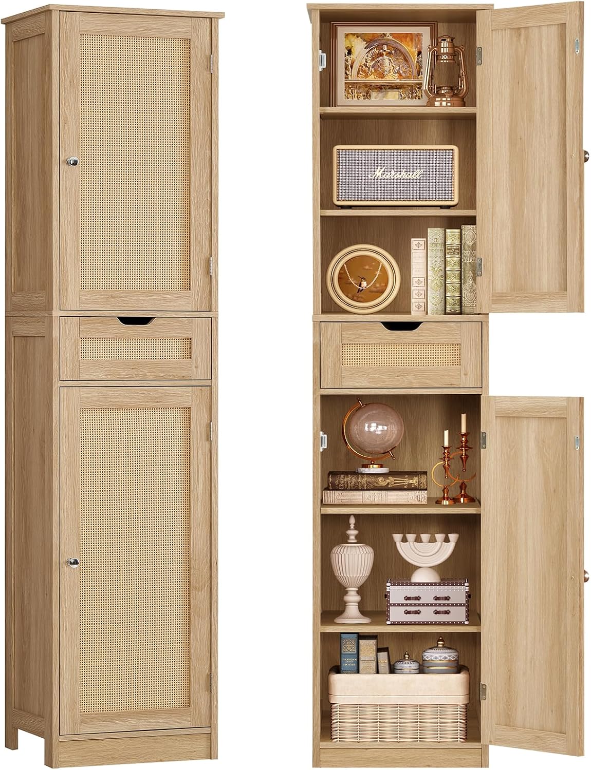TEENFON 67' H Tall Storage Cabinet with 2 Rattan Doors and 1 Drawer, Narrow Rattan Cabinet with Adjustable Shelves, for Living Room, Entryway, Kitchen, Natural