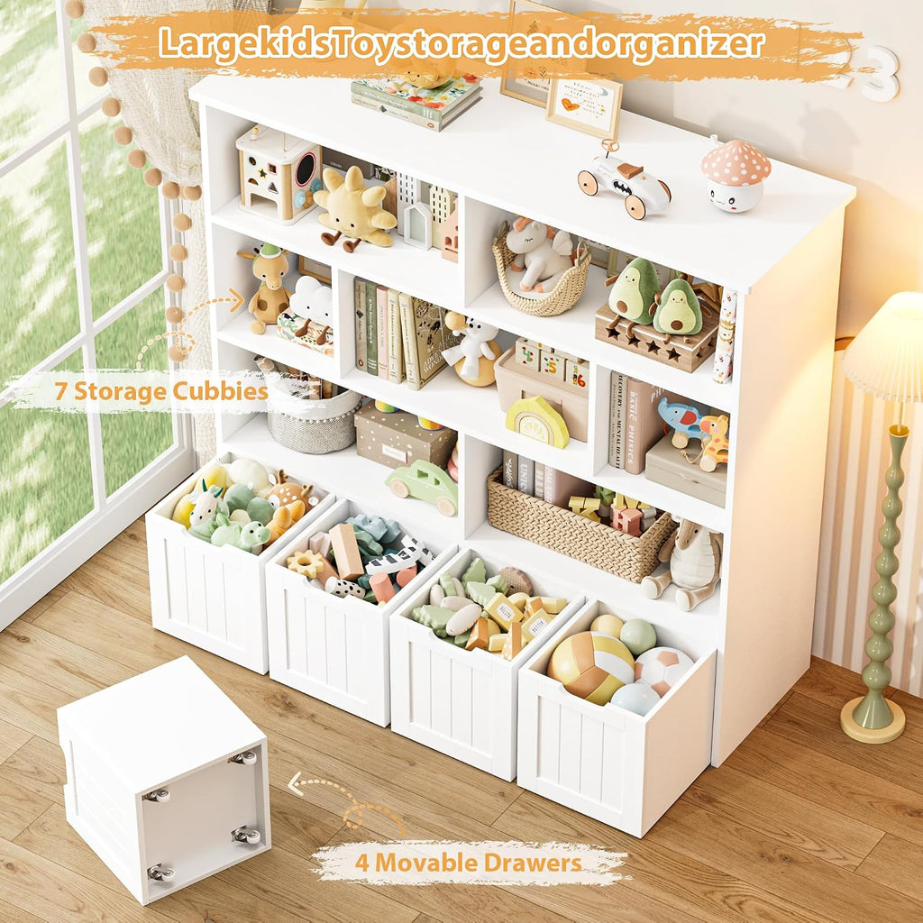 FINETONES Toy Storage Organizer, Kids Bookshelf with 4 Movable Chests and 7 Storage Cubes, Toy Chest Storage with Hidden Wheels, Toy Organizers and Toy Storage, White