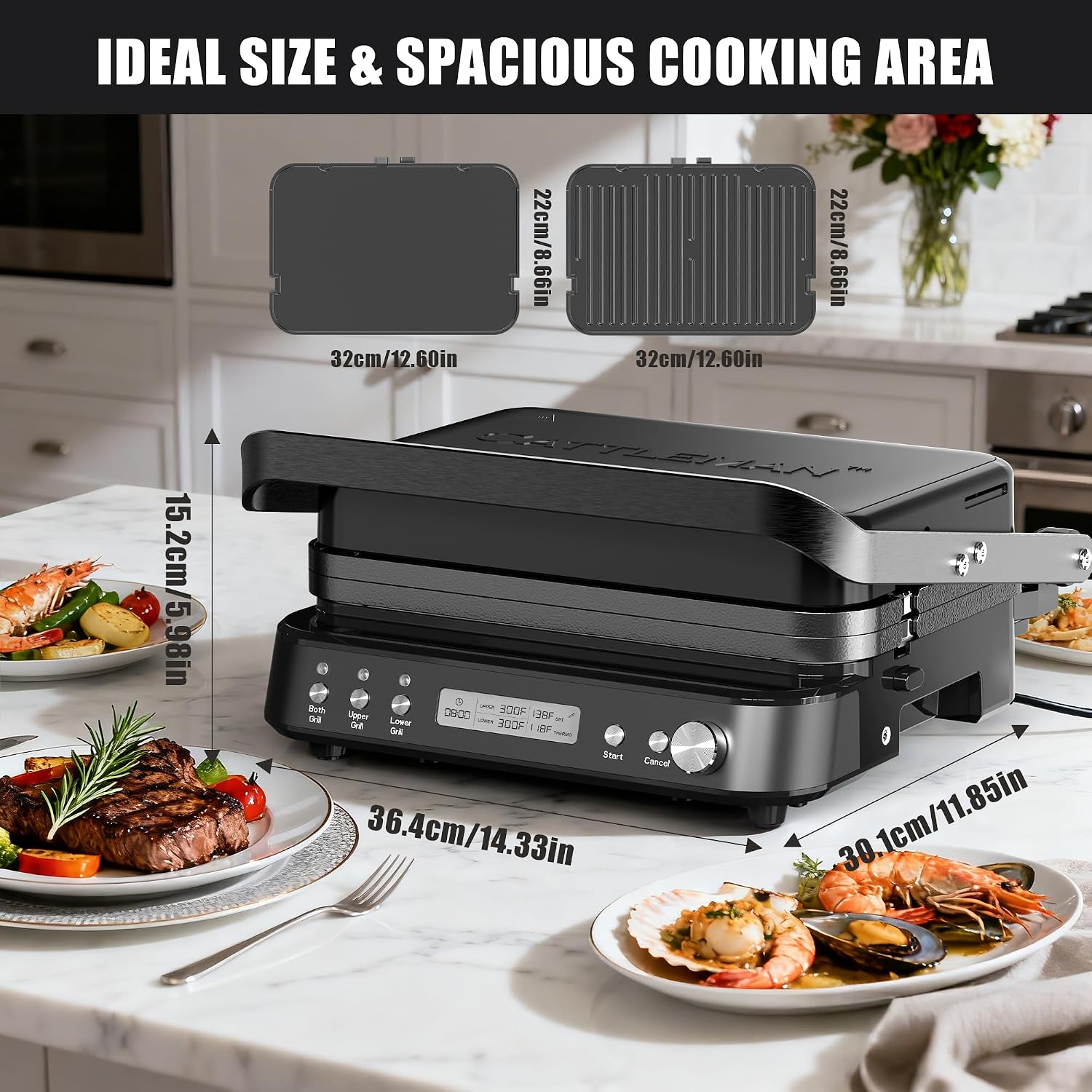 CATTLEMAN Panini Grill Press Sandwich Maker with Removable Plates, 1600W, 5 in 1 Smokeless Indoor Grill & Griddle with Meat Thermometer, PFAS Free Ceramic Nonstick Reversible Plates, Opens Flat