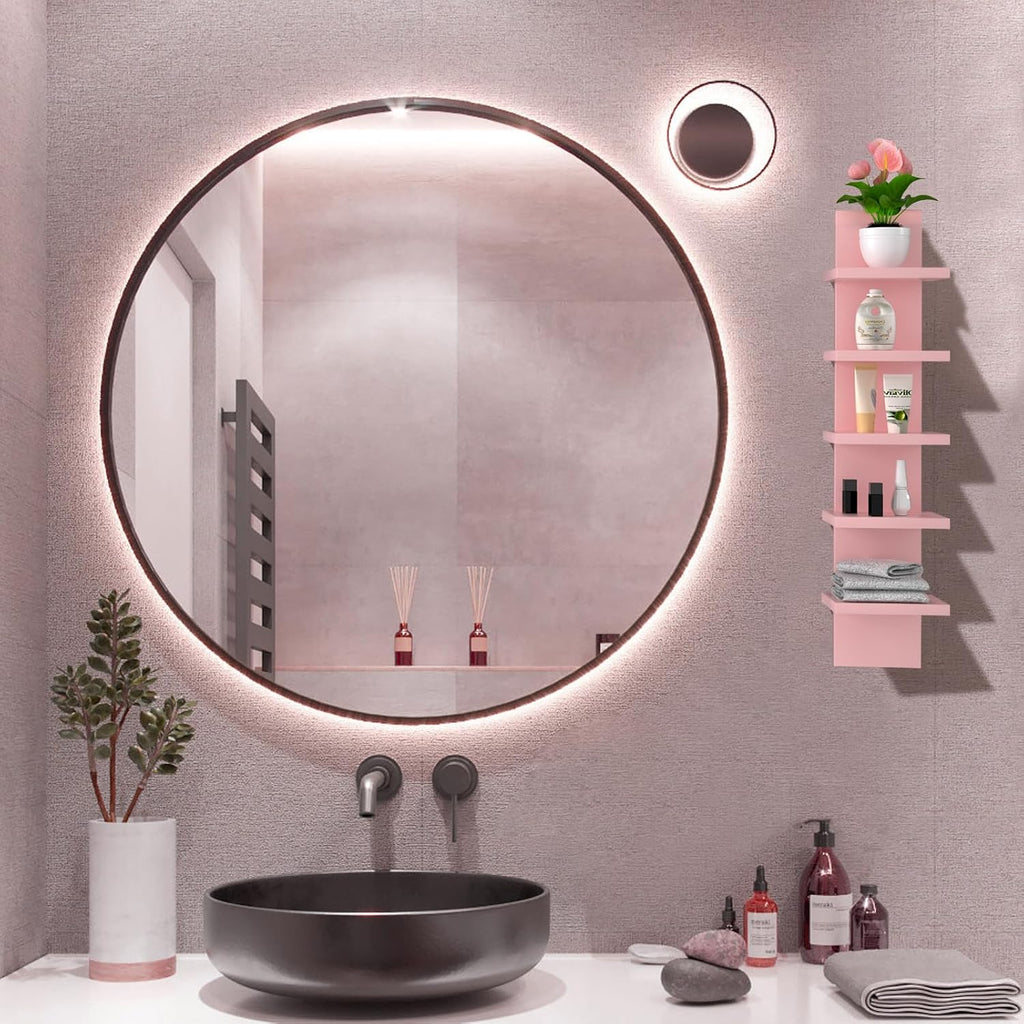 5 Tier Wall Shelves Pink, Vertical Column Shelf Floating Storage Home Decor Organizer Tall Tower Design Utility Shelving Bedroom Living Room, 30.7