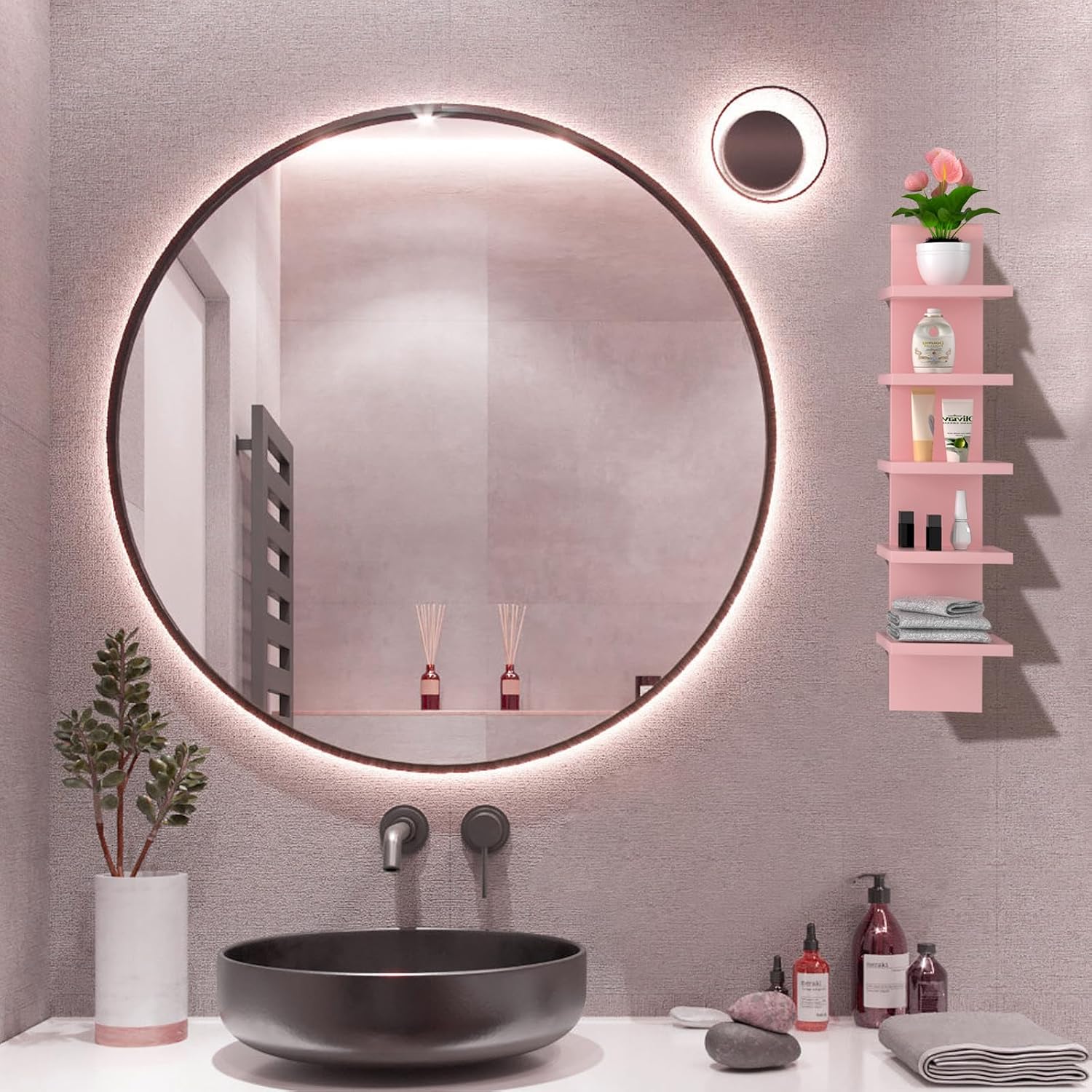 5 Tier Wall Shelves Pink, Vertical Column Shelf Floating Storage Home Decor Organizer Tall Tower Design Utility Shelving Bedroom Living Room, 30.7
