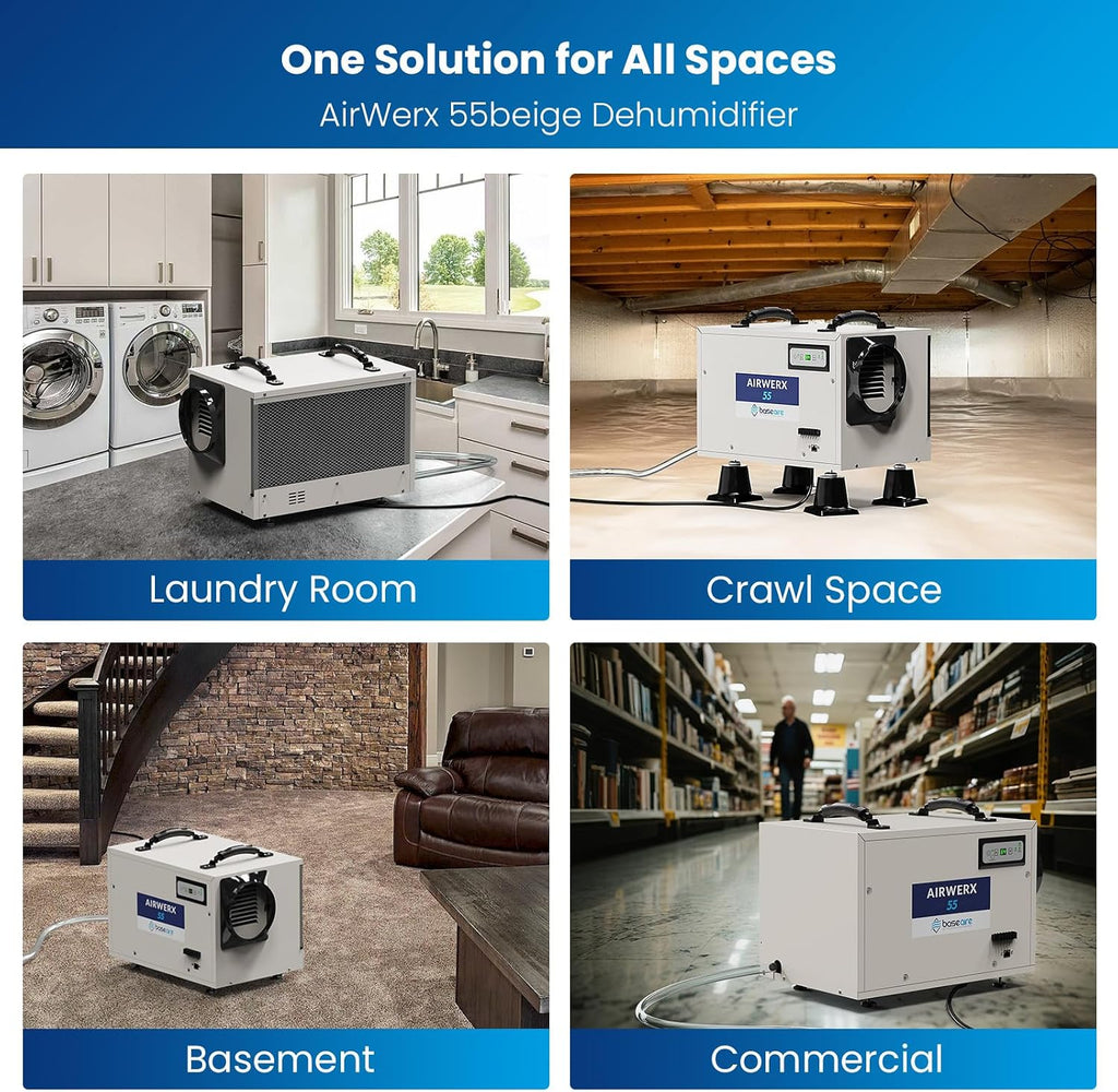 BaseAire Crawl Space Dehumidifier,113 Pint Dehumidifiers with Drain Hose for Basement, Commercial, Industrial, Portable, Auto Defrost, Memory Starting