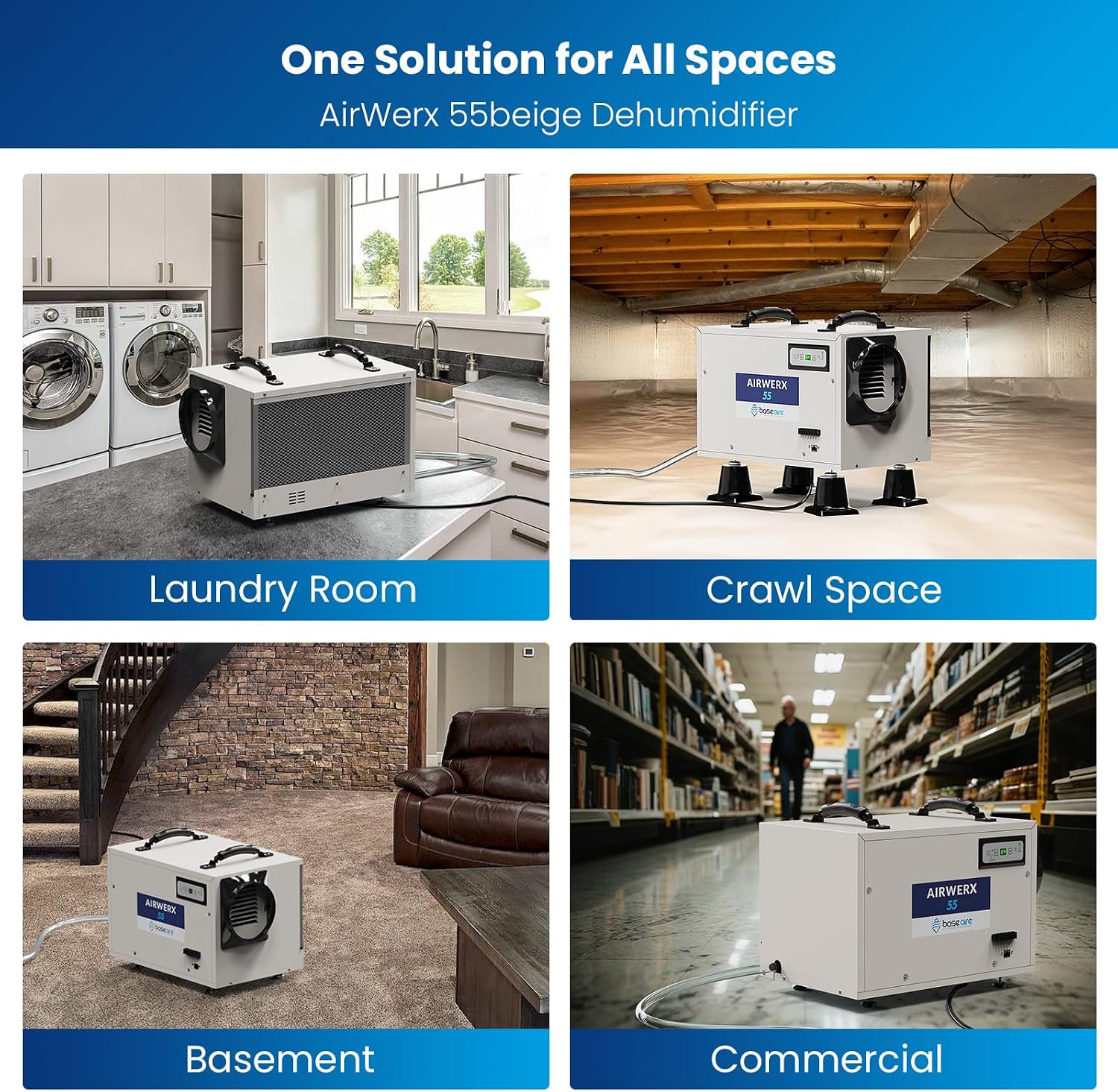 BaseAire Crawl Space Dehumidifier,113 Pint Dehumidifiers with Drain Hose for Basement, Commercial, Industrial, Portable, Auto Defrost, Memory Starting