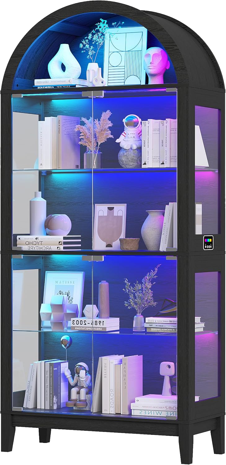 WOOVIVS Glass Display Cabinet with RGB Lights, 69' Tall Curio Cabinet with Rebound Tempered Glass Door, 5-Tier Adjustable Display Case for Living Room (Black)
