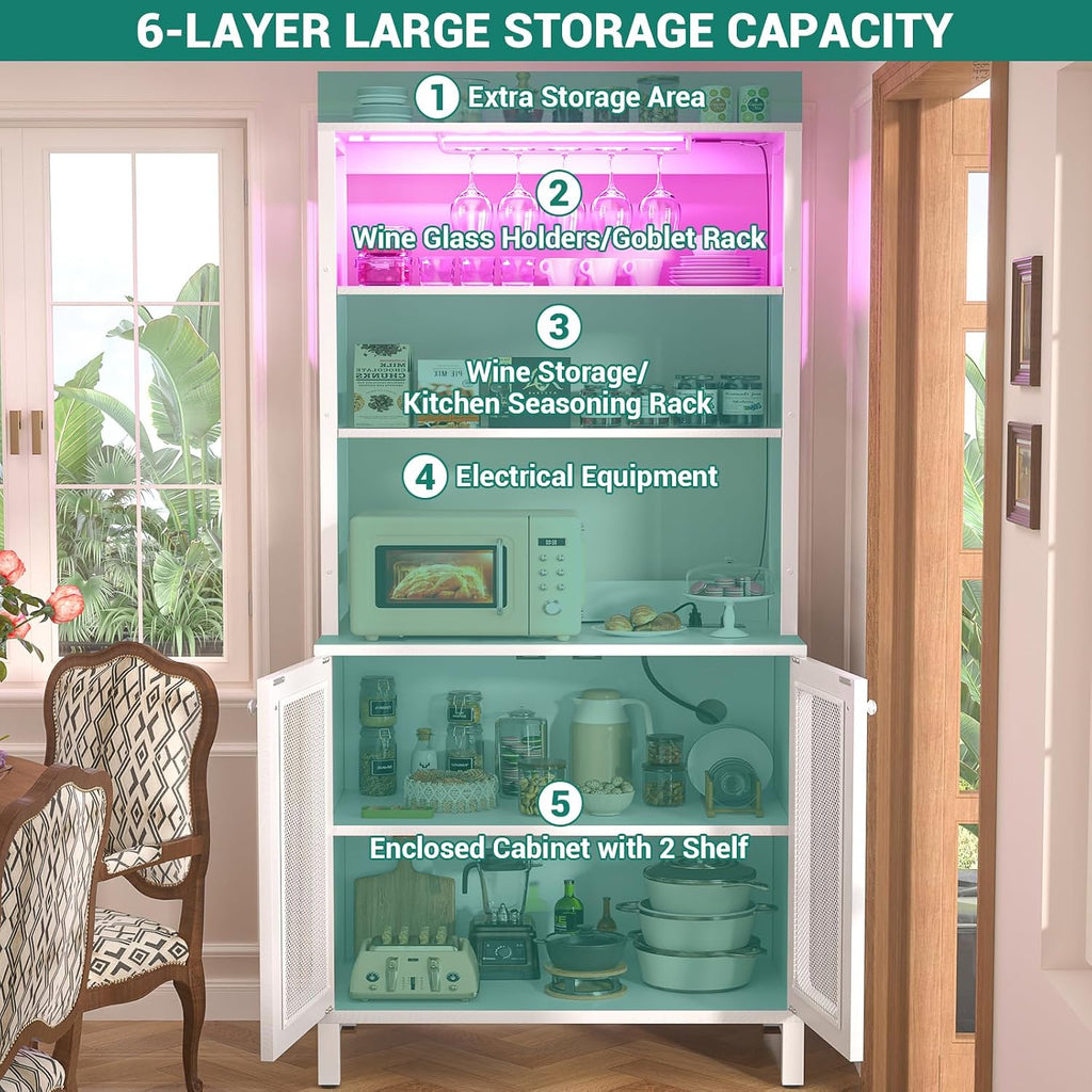 Aheaplus Bar Cabinet with Power Outlets, 67' Tall Wine Bar Cabinet Liquor Cabinet with LED Lights and Glass Holder, Coffee Bar Station for Living Room, Microwave Stand Bakers Rack Cabinet, White