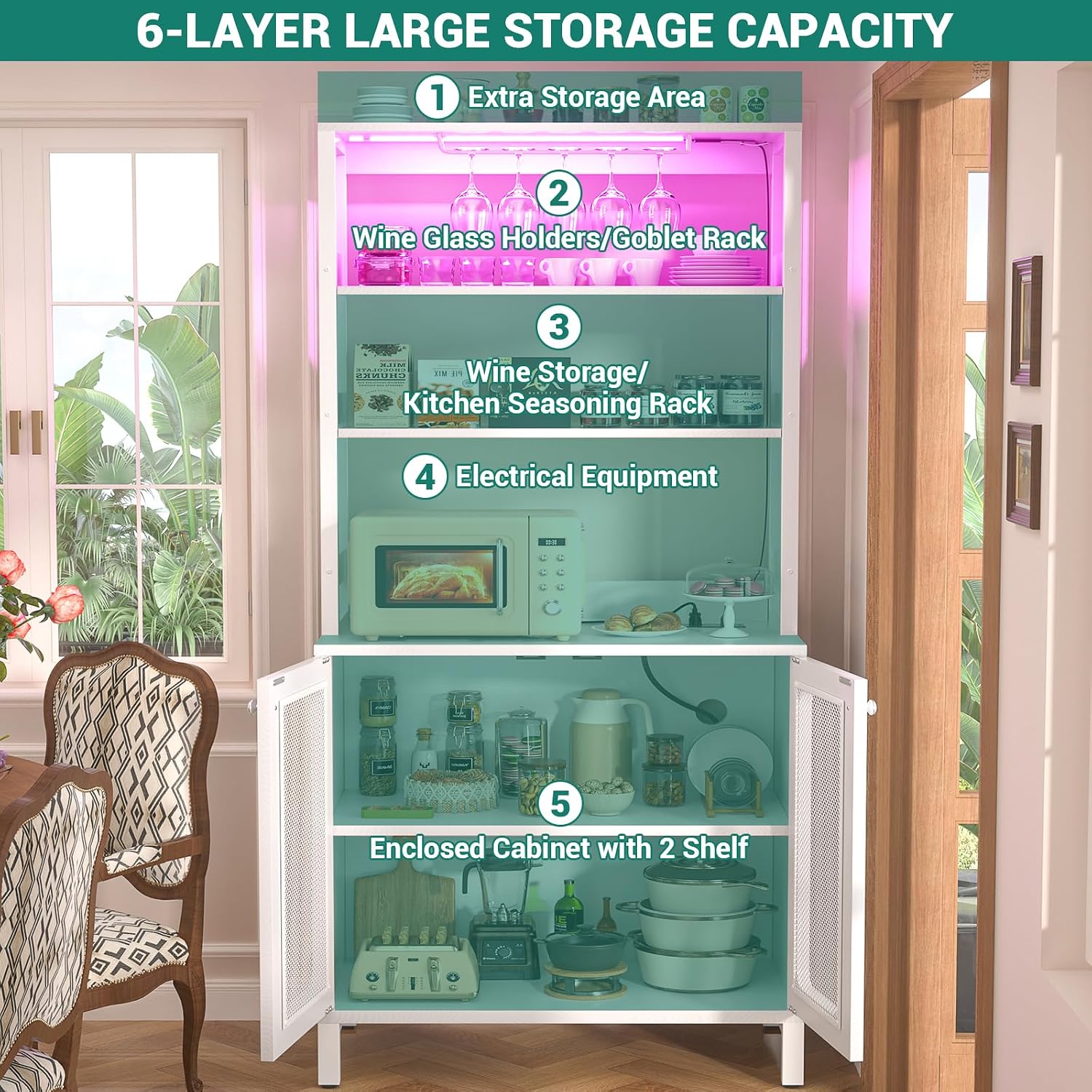 Aheaplus Bar Cabinet with Power Outlets, 67' Tall Wine Bar Cabinet Liquor Cabinet with LED Lights and Glass Holder, Coffee Bar Station for Living Room, Microwave Stand Bakers Rack Cabinet, White