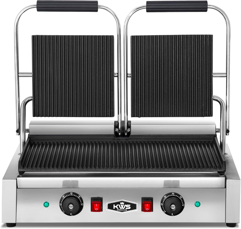 KWS PM-23 3400W Electric Panini Press Maker with Grooved Top & Bottom Sandwich Toasting Grill – 19″ X 9″ Cooking Surface