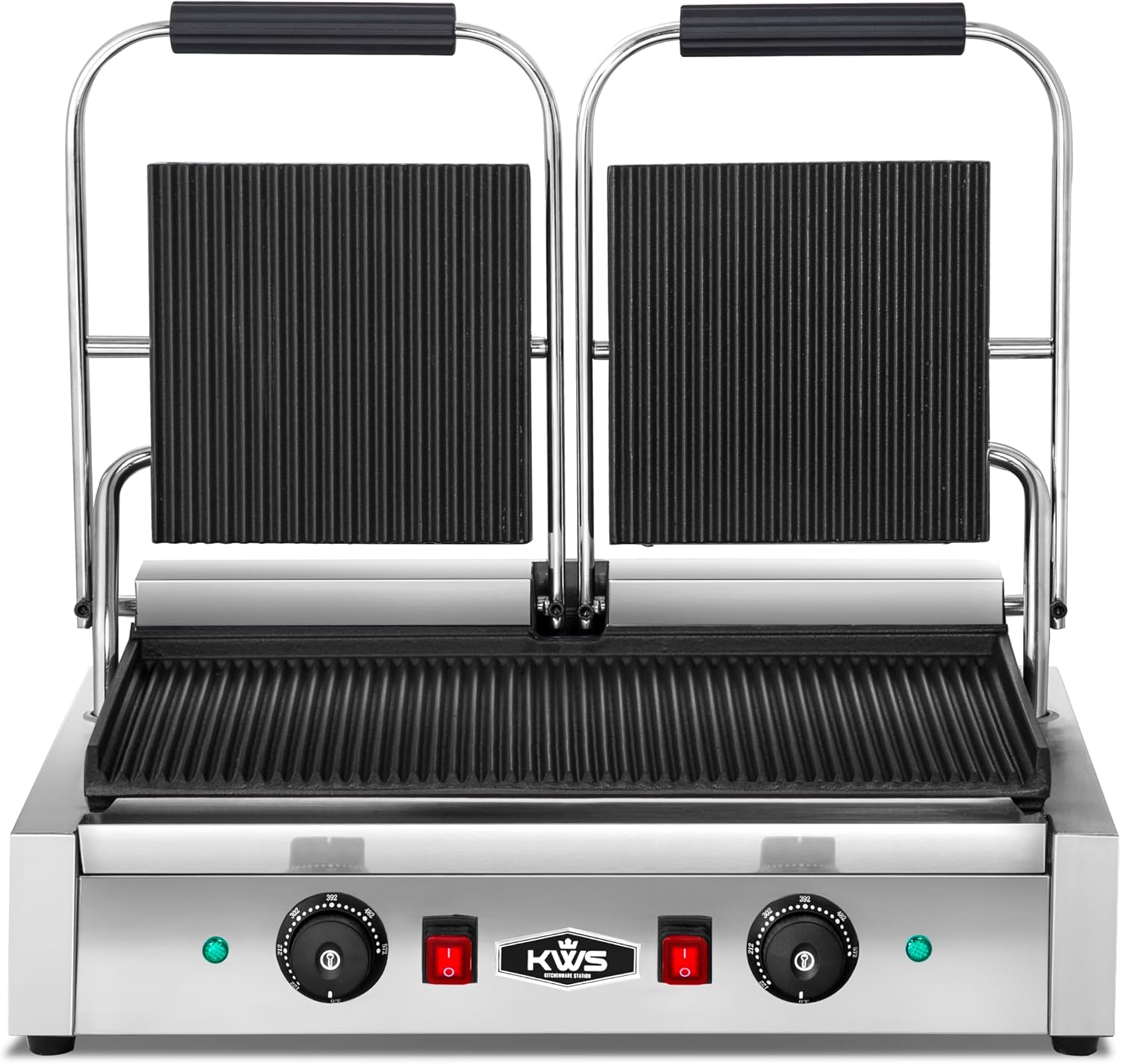 KWS PM-23 3400W Electric Panini Press Maker with Grooved Top & Bottom Sandwich Toasting Grill – 19″ X 9″ Cooking Surface