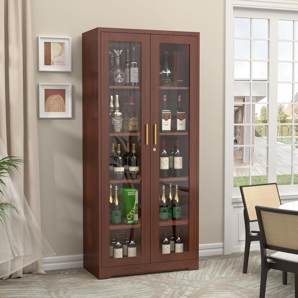 SteeLoong 71' Glass Display Cabinet with Lock,Curio Cabinet with Glass Doors, Metal Display Case with 4 Adjustable Shelves, Brown Bookcase Locking Storage Cabinets for,Liquor,Commercial
